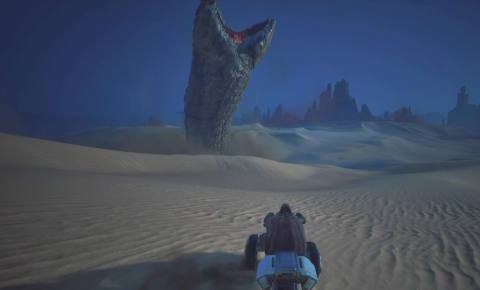 A sandworm emerging from the depths in Dune Awakening