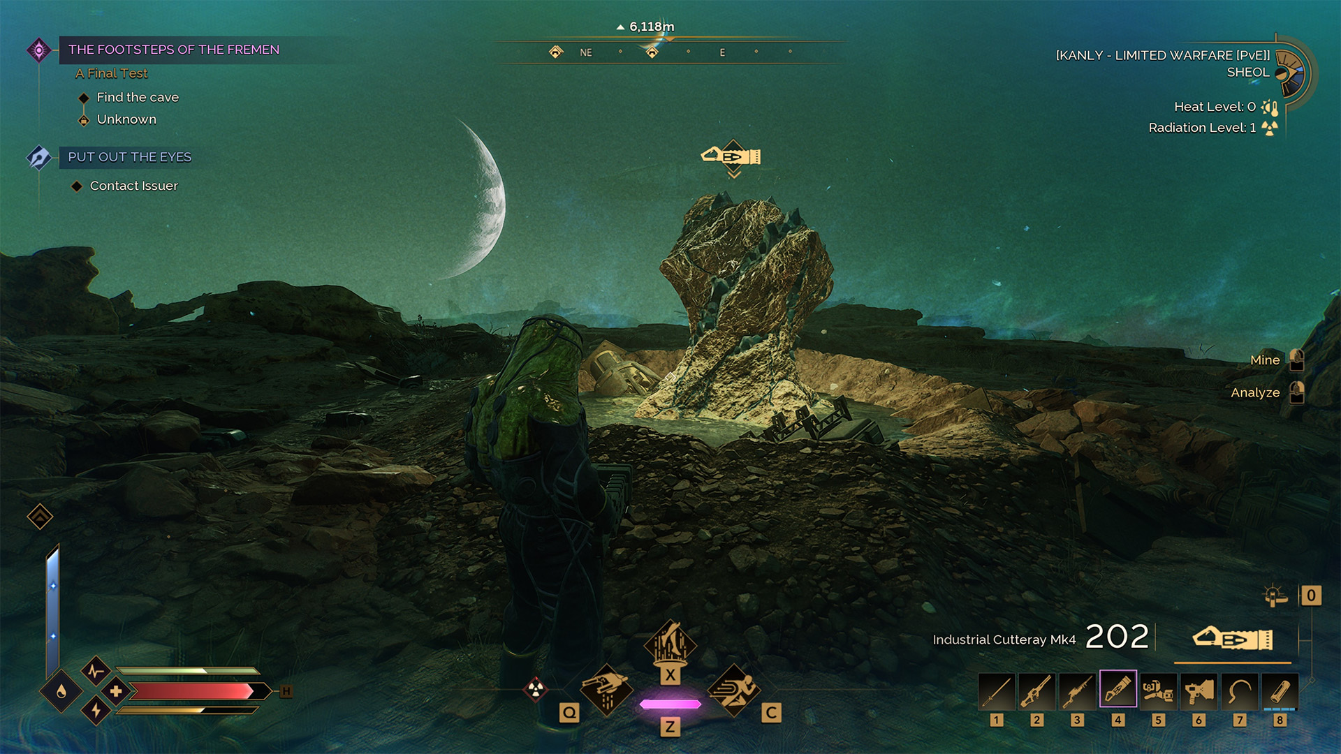 The perspective of a Dune: Awakening player as they find Jasmium, surrounded by a radioactive puddle of goop.