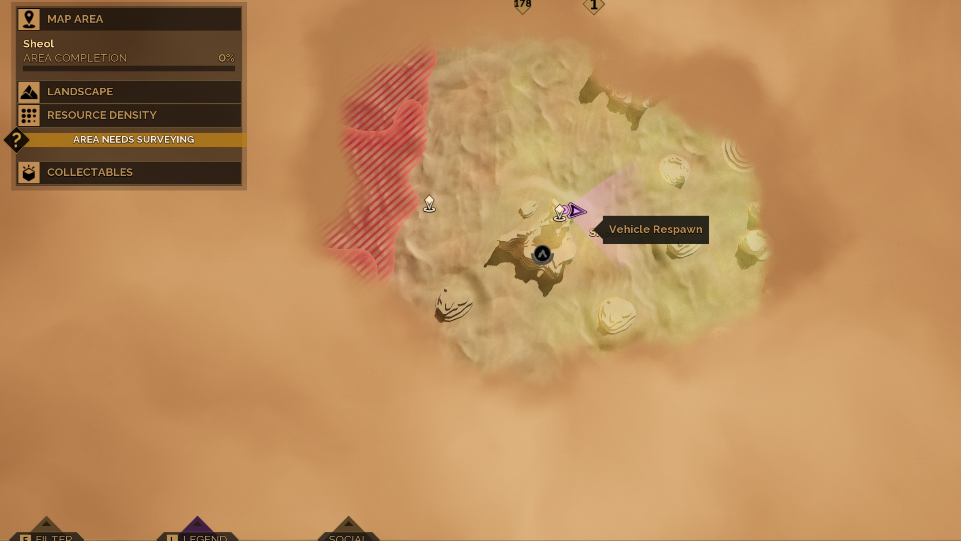 A map of Sheol in Dune: Awakening. Most of the area is still sandy, but this map shows where you can easily get the height to survey the area from the southwest.