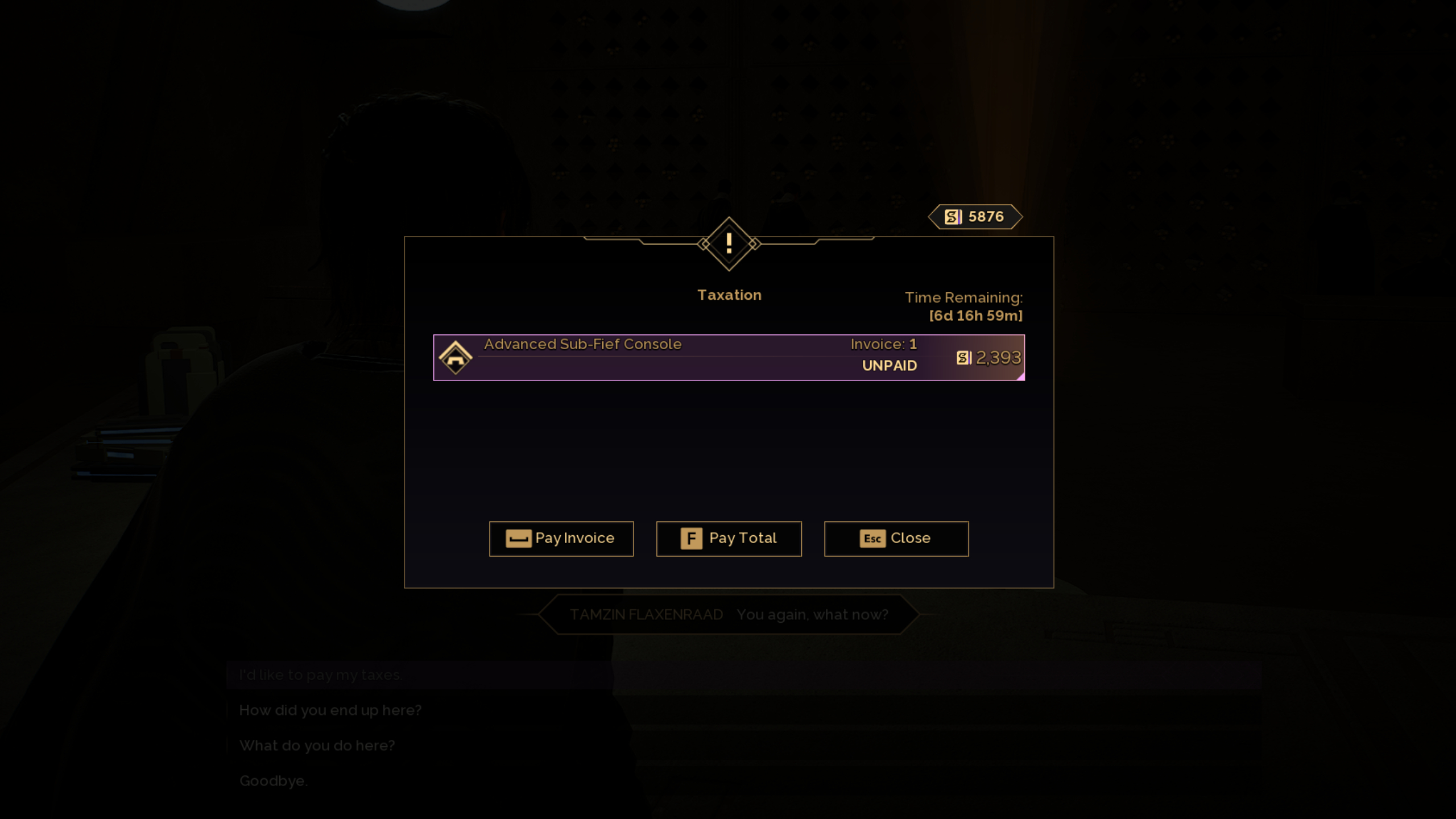 Dune: Awakening how to pay taxes - The prompt to pay your taxes when speaking to an official representative.