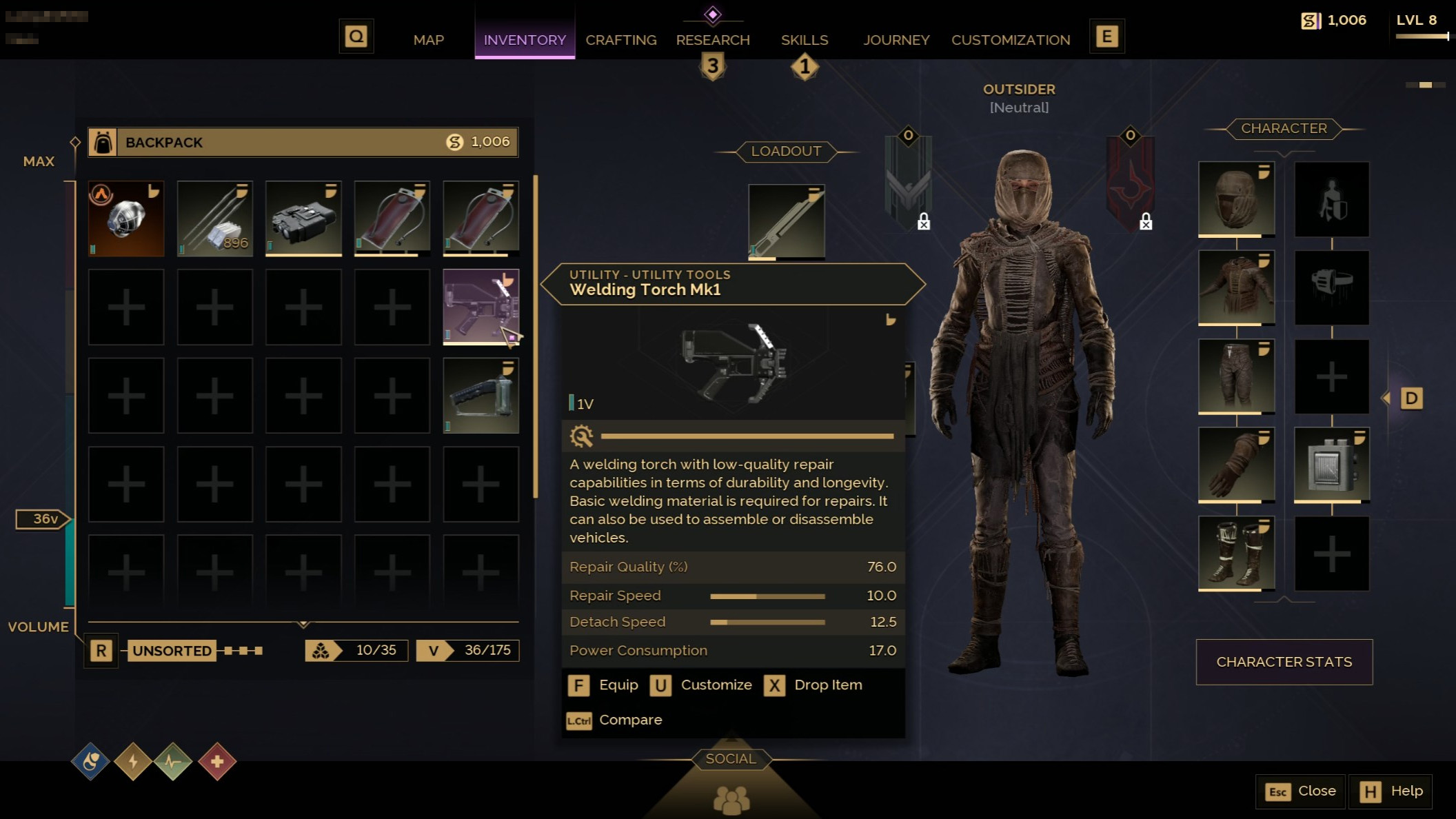 The Welding Torch MK1 in Dune: Awakening in a player's backpack.