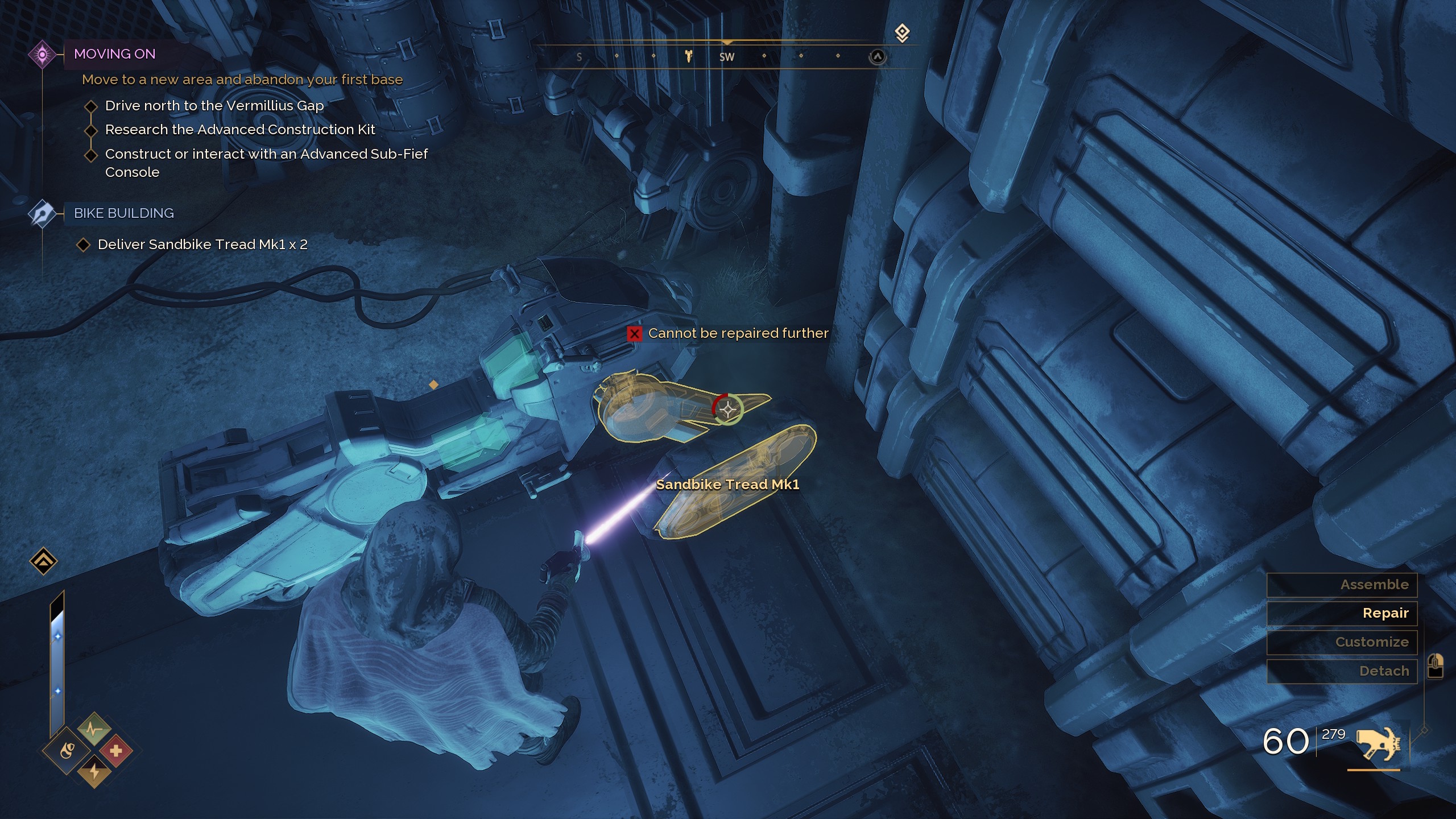 A character in Dune Awakening using the welding tool to repair a vehicle