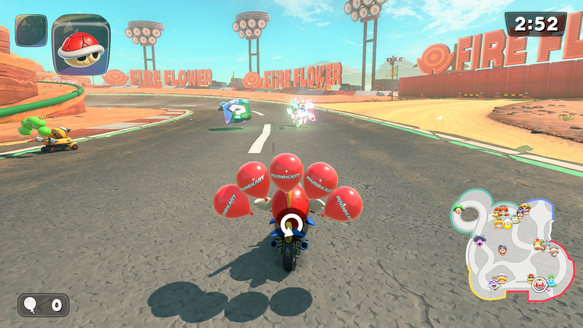 A Cheep-Cheep rewinding time to avoid an obstacle in Mario Kart World’s battle mode