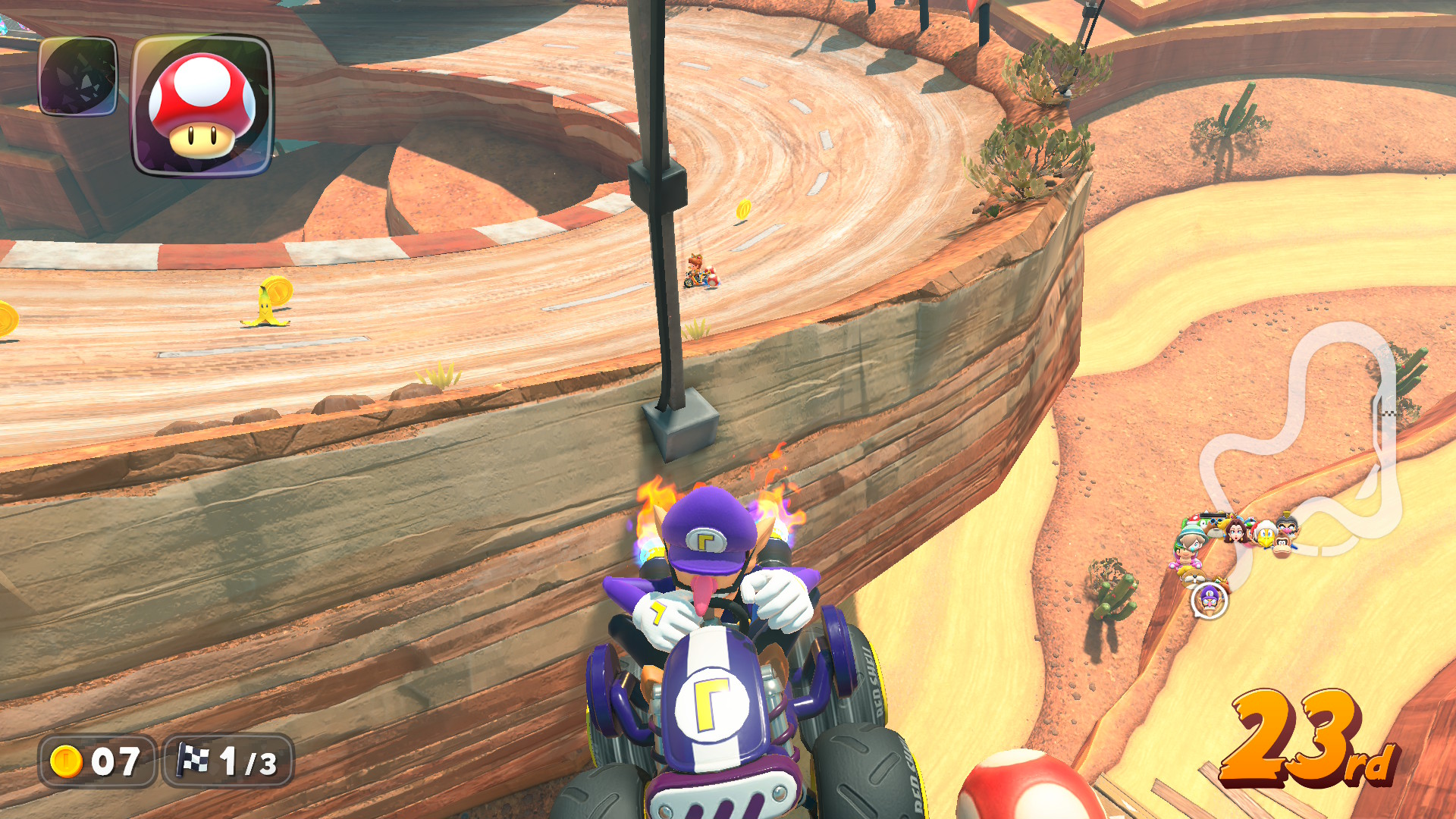 Waluigi driving off the edge of a cliff in Mario Kart World