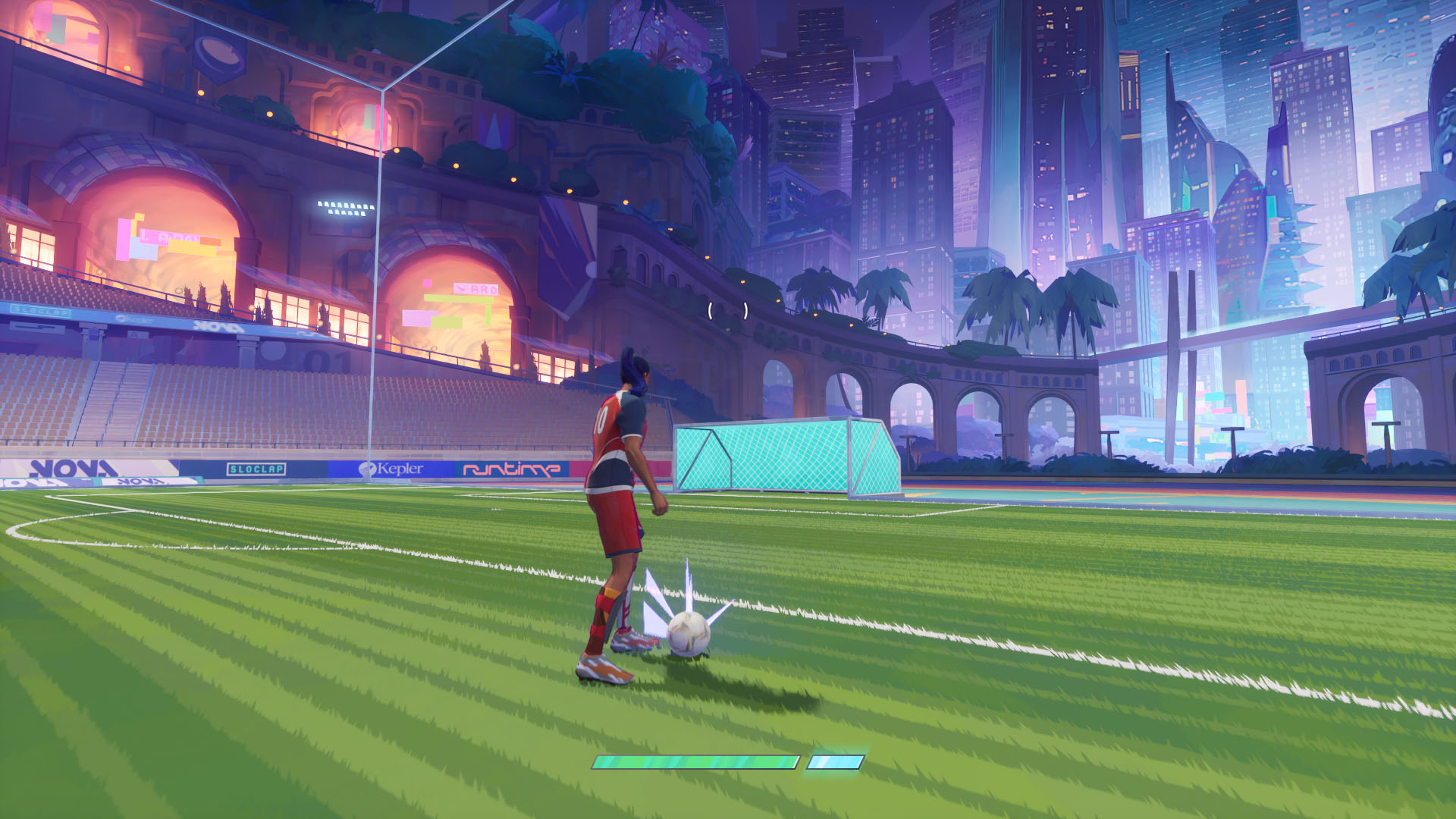 A Rematch screenshot showing a character with the ball in front of the goal. A Rematch screenshot showing a character with the ball in front of the goal.