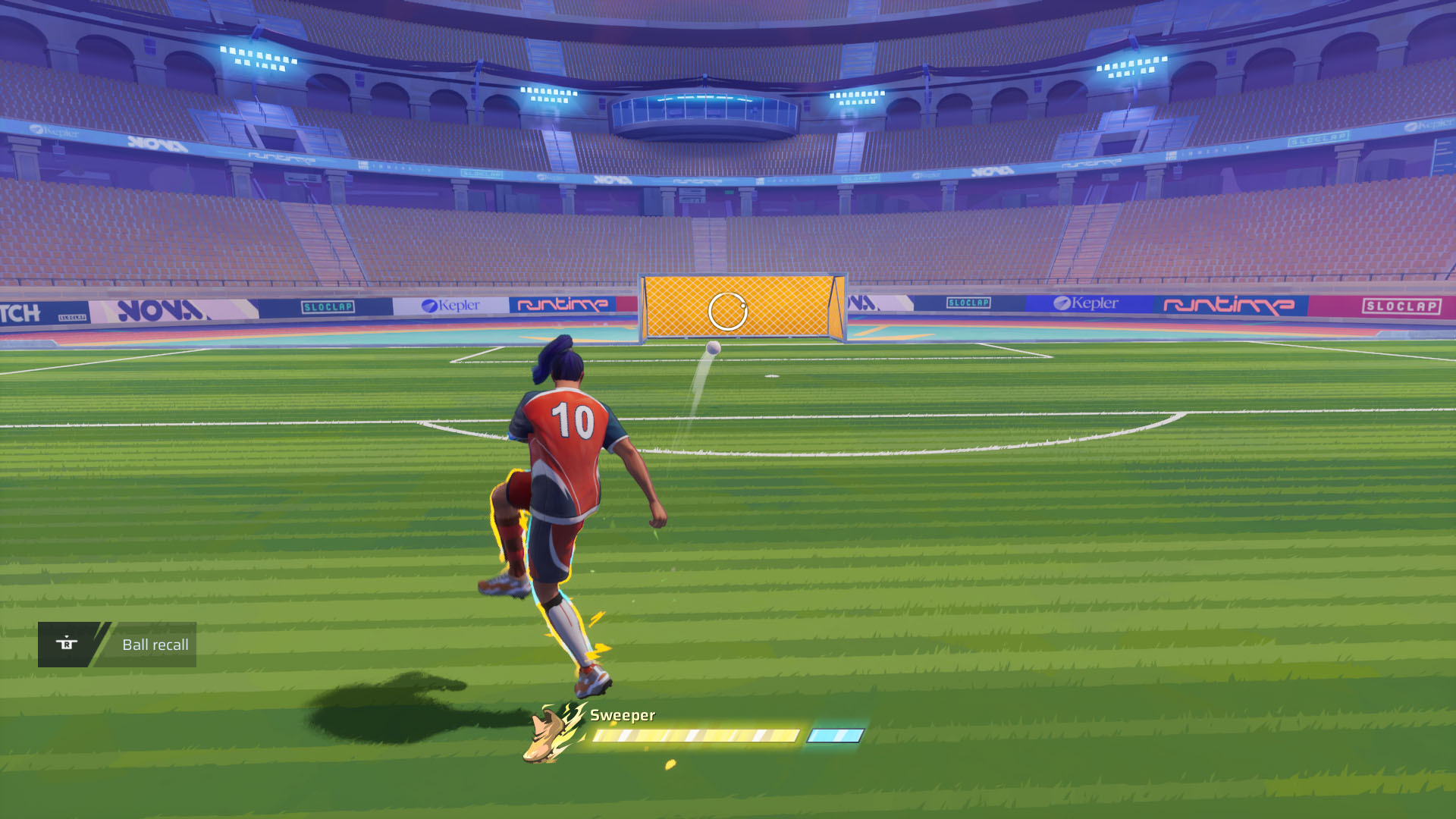 A Rematch screenshot showing a character shooting a curved ball. A Rematch screenshot showing a character shooting a curved ball.