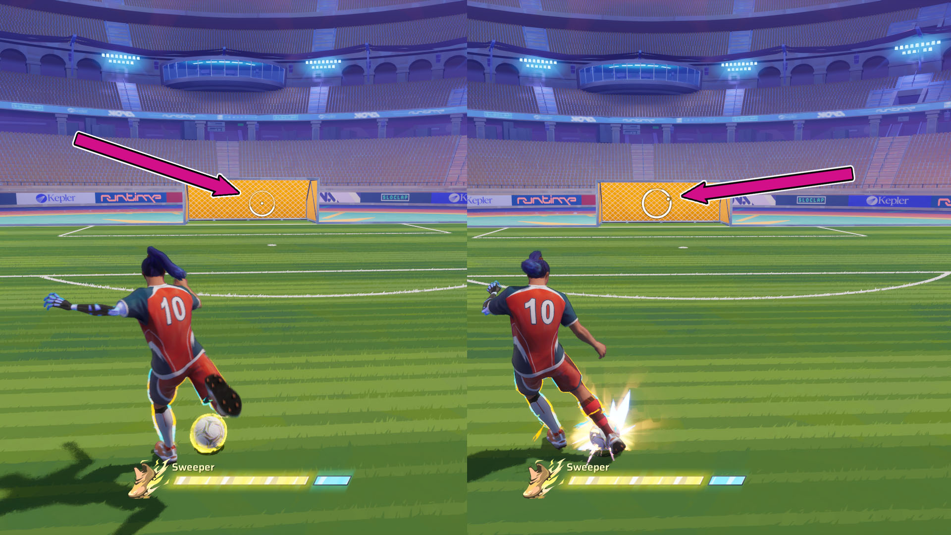 A montage using two Rematch screenshots to explain how to read the interface of the game and know how strong a shoot is and the angle the ball is going to follow. A montage using two Rematch screenshots to explain how to read the interface of the game and know how strong a shoot is and the angle the ball is going to follow.
