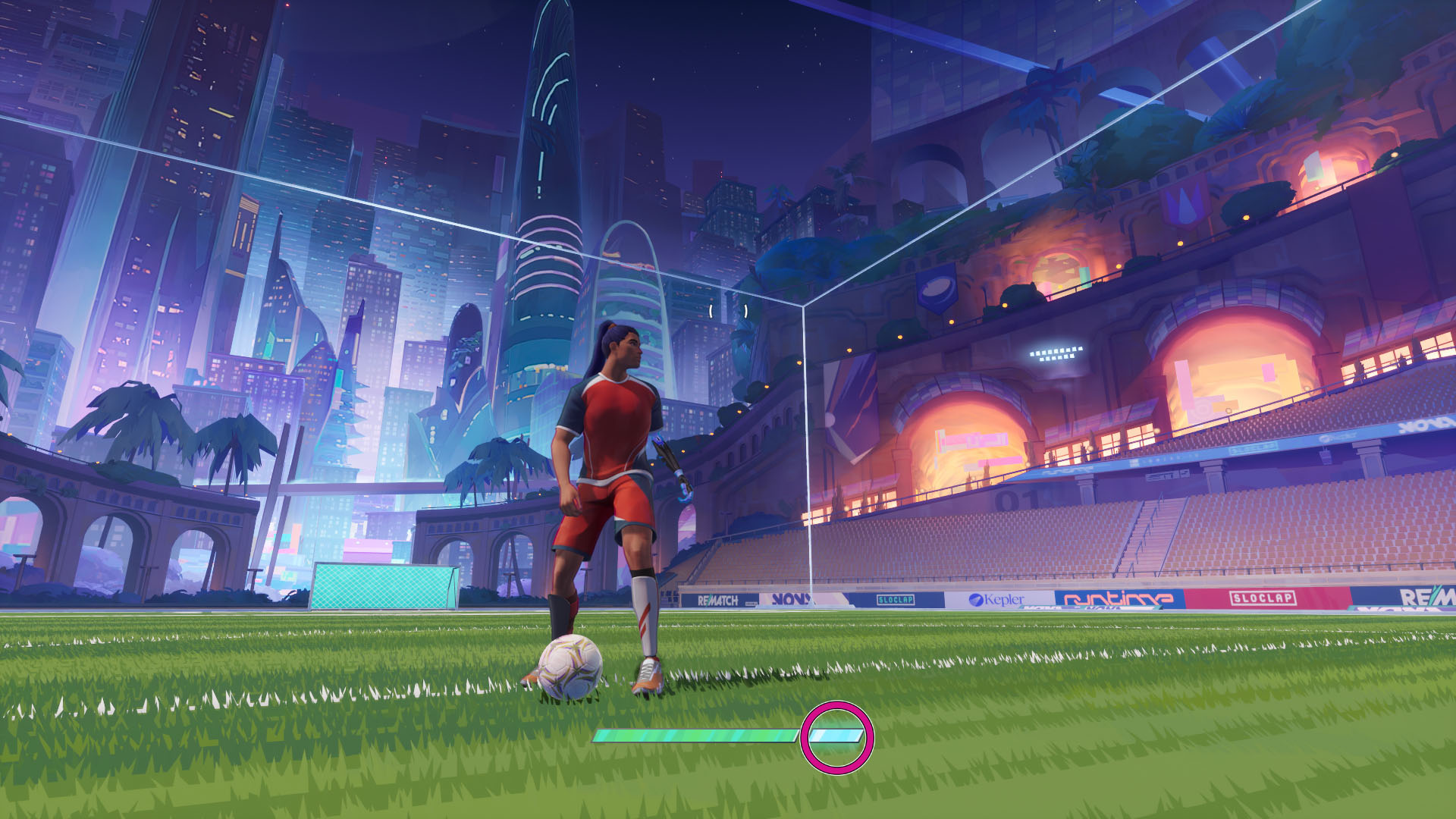 A Rematch screenshot showing a character and a pink circle indicating the Extra Effor bar, which is beside the stamina bar. A Rematch screenshot showing a character and a pink circle indicating the Extra Effor bar, which is beside the stamina bar.