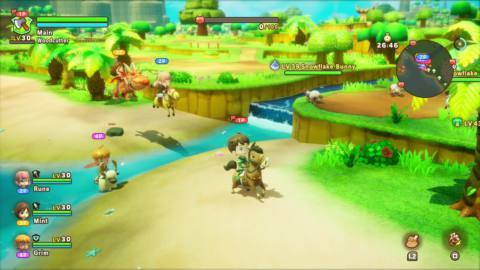 Fantasy Life i four players on mounts riding around a beach