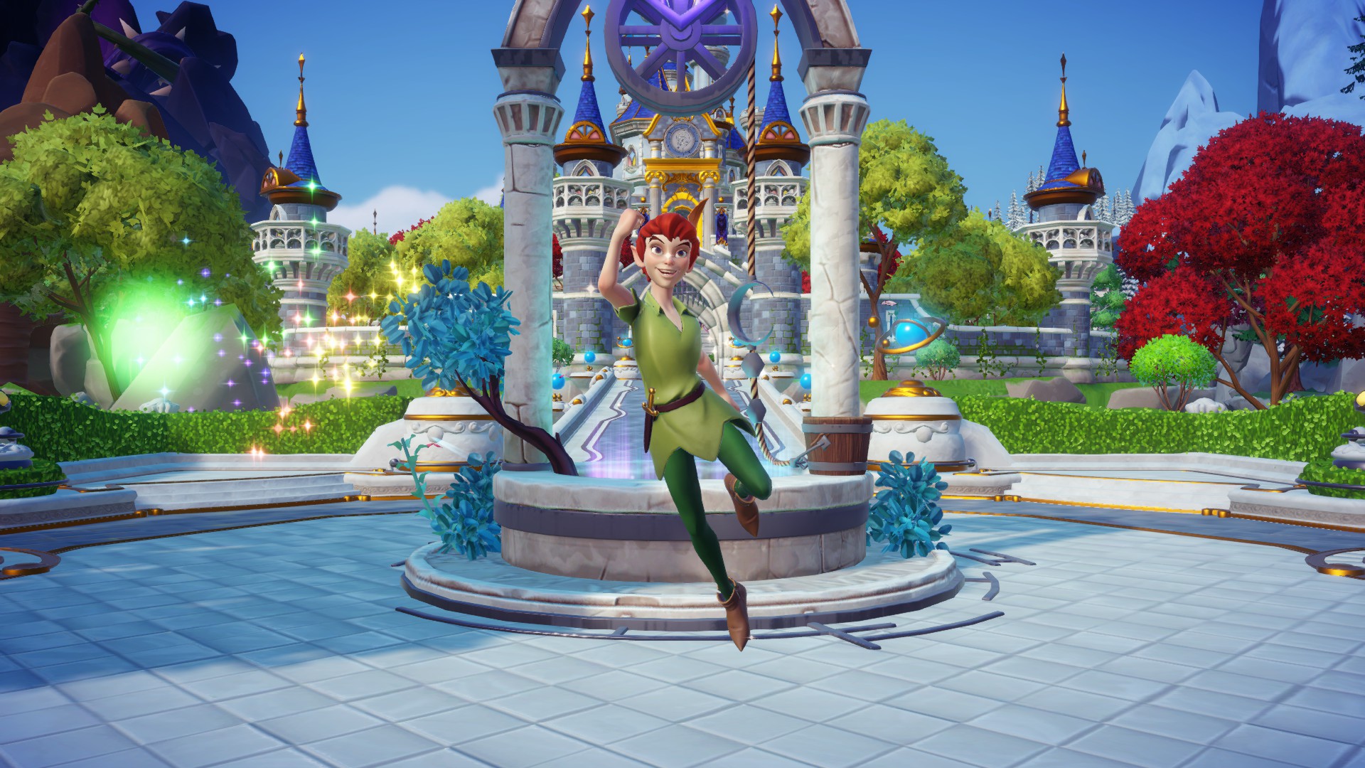 Disney Dreamlight Valley Peter Pan in front of the Dream Castle