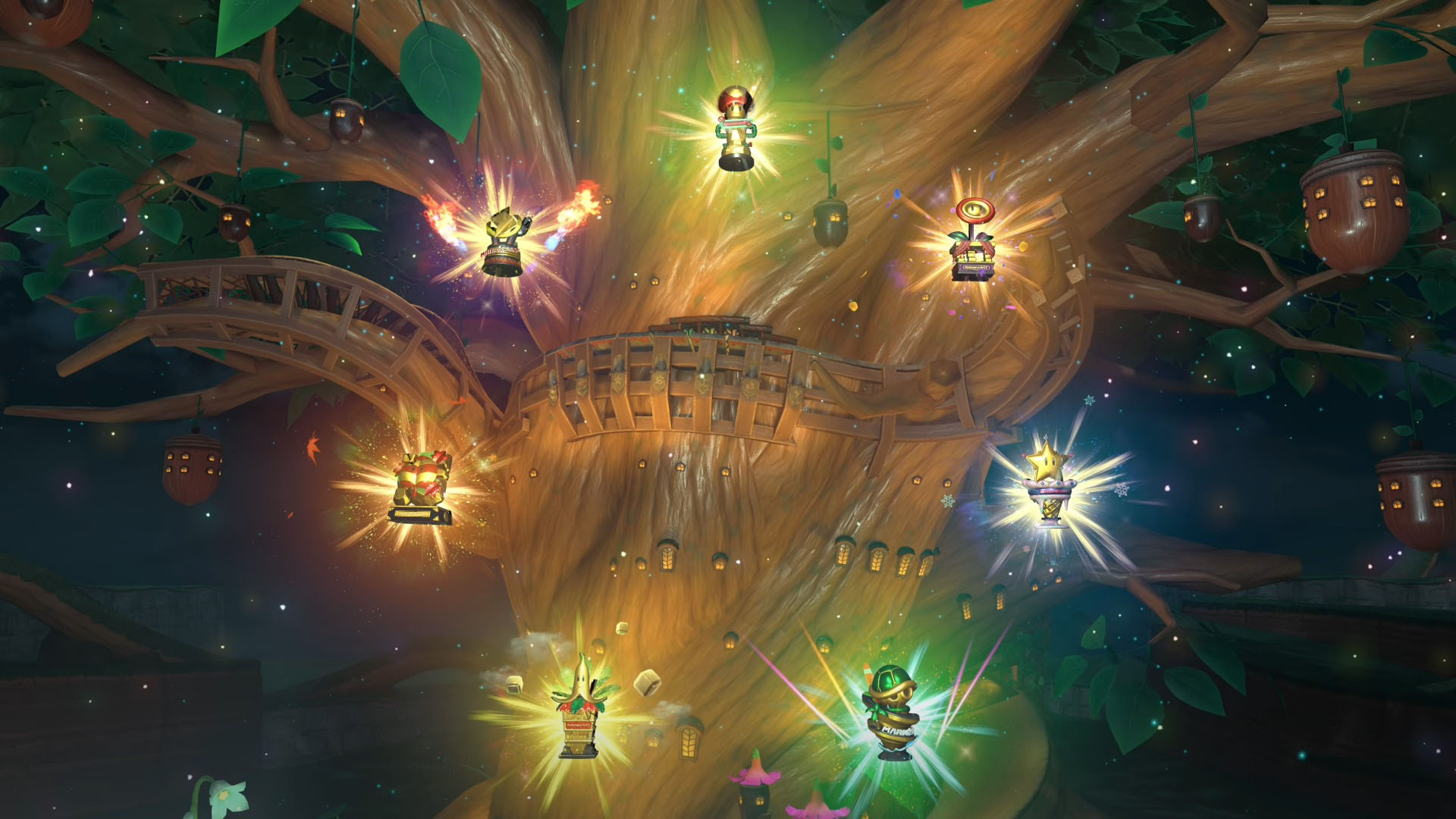 A Mario Kart World screenshot showing the seven trophies from the seven cups in Grand Prix mode A Mario Kart World screenshot showing the seven trophies from the seven cups in Grand Prix mode