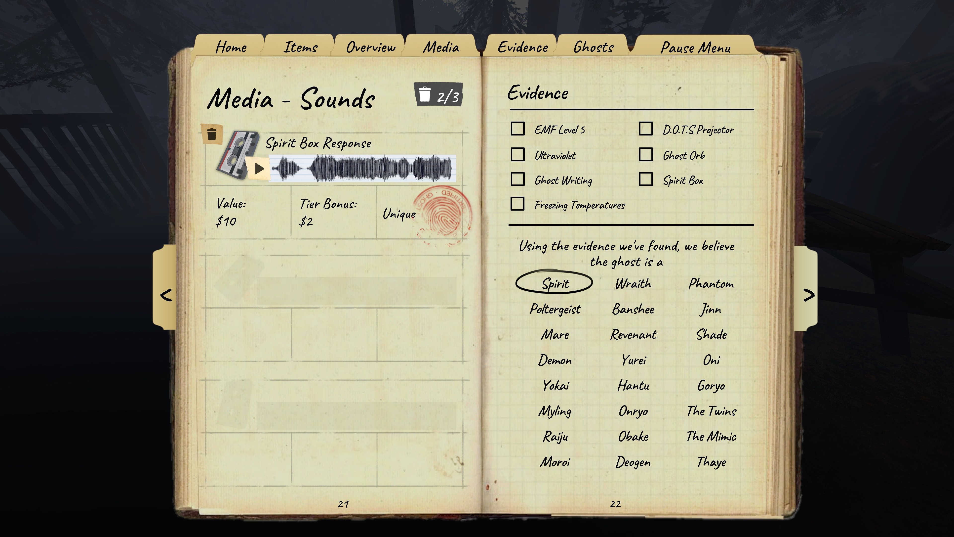 The reworked journal from Phasmophobia's Chronicle update, shows the Media - Sounds page with a Spirit Box Response recording.