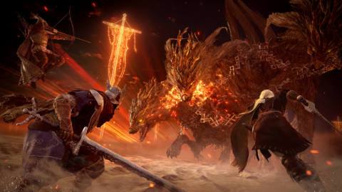 Three players fight a dragon in Elden Ring Nightreign