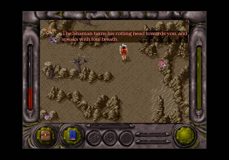 Endomorph screenshot showing protagonist exploring village in rocky environment.