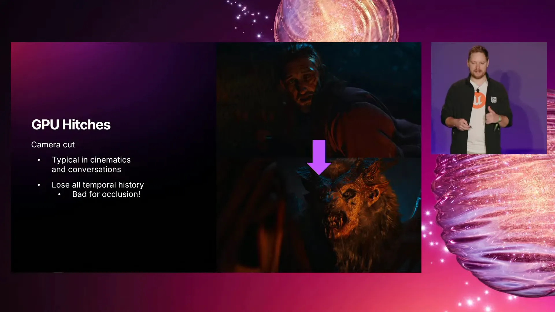 A screenshot of a live broadcast presentation by Epic Games and CD Projekt Red at the 2025 Unreal Fest event in Orlando, US