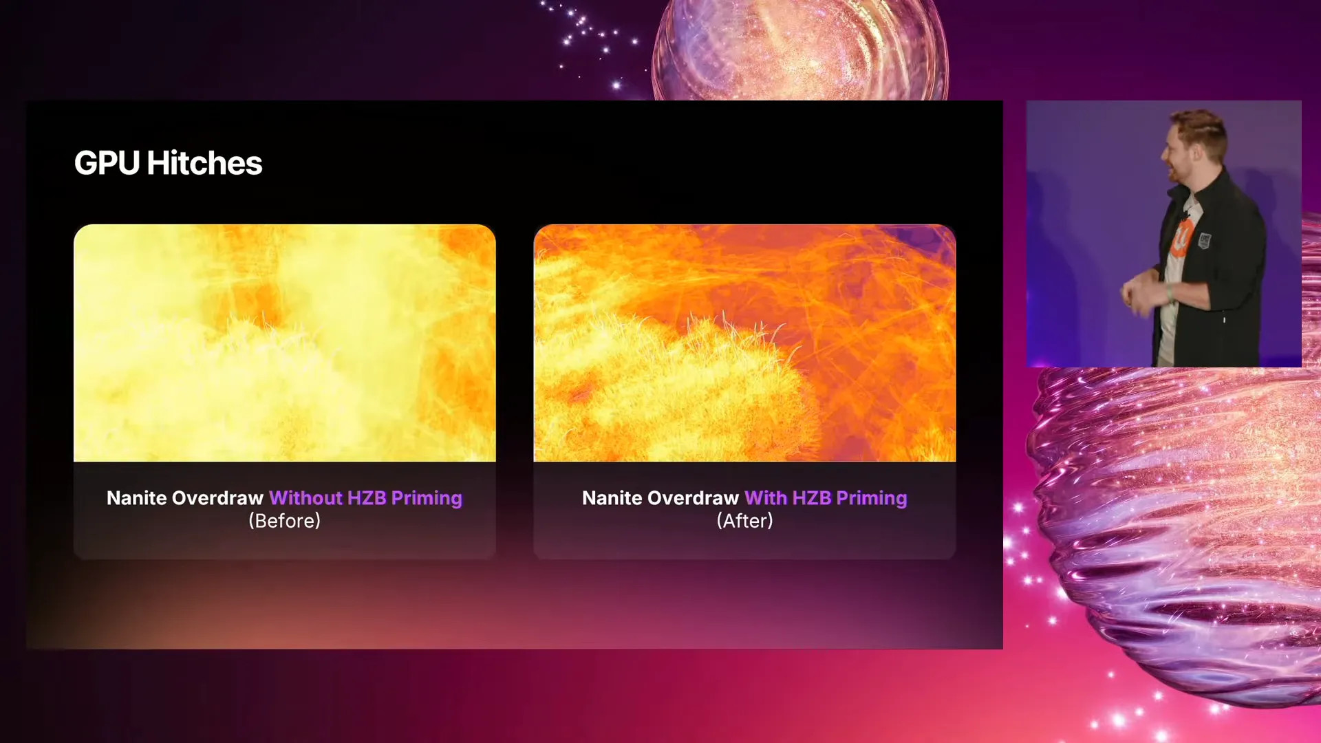 A screenshot of a live broadcast presentation by Epic Games and CD Projekt Red at the 2025 Unreal Fest event in Orlando, US