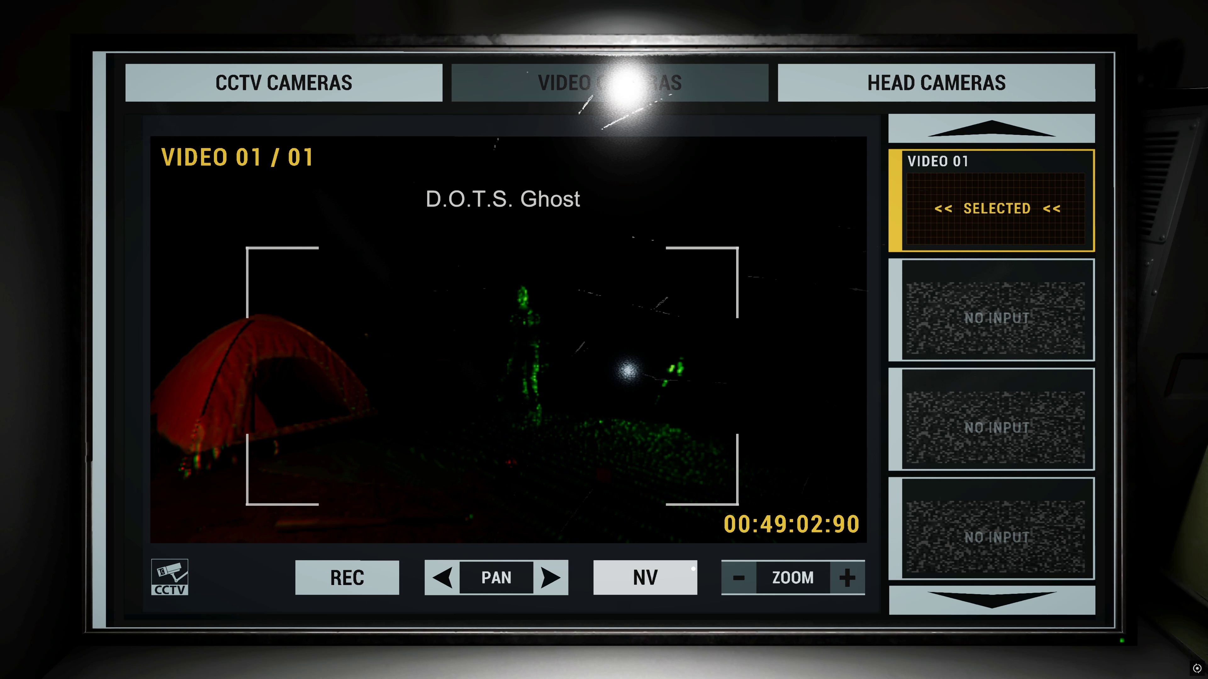 A DOTS capture from the new Phasmophobia truck UI. You can see the camera focus in on a ghost with the option to record at the bottom.