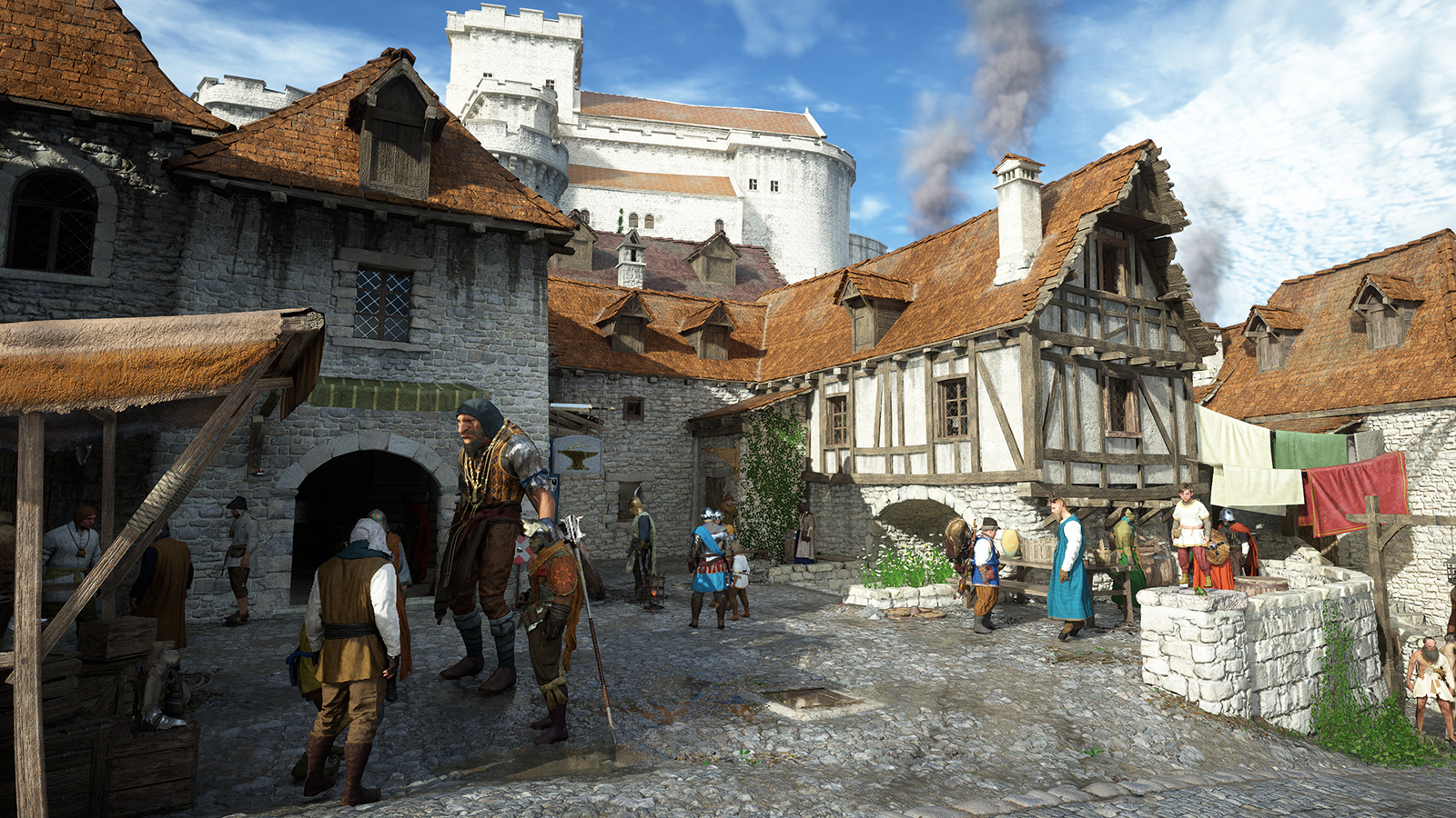 A screenshot of a town marketplace in Crimson Desert, showing human townsfolk alongside trolls and orc-like folk.
