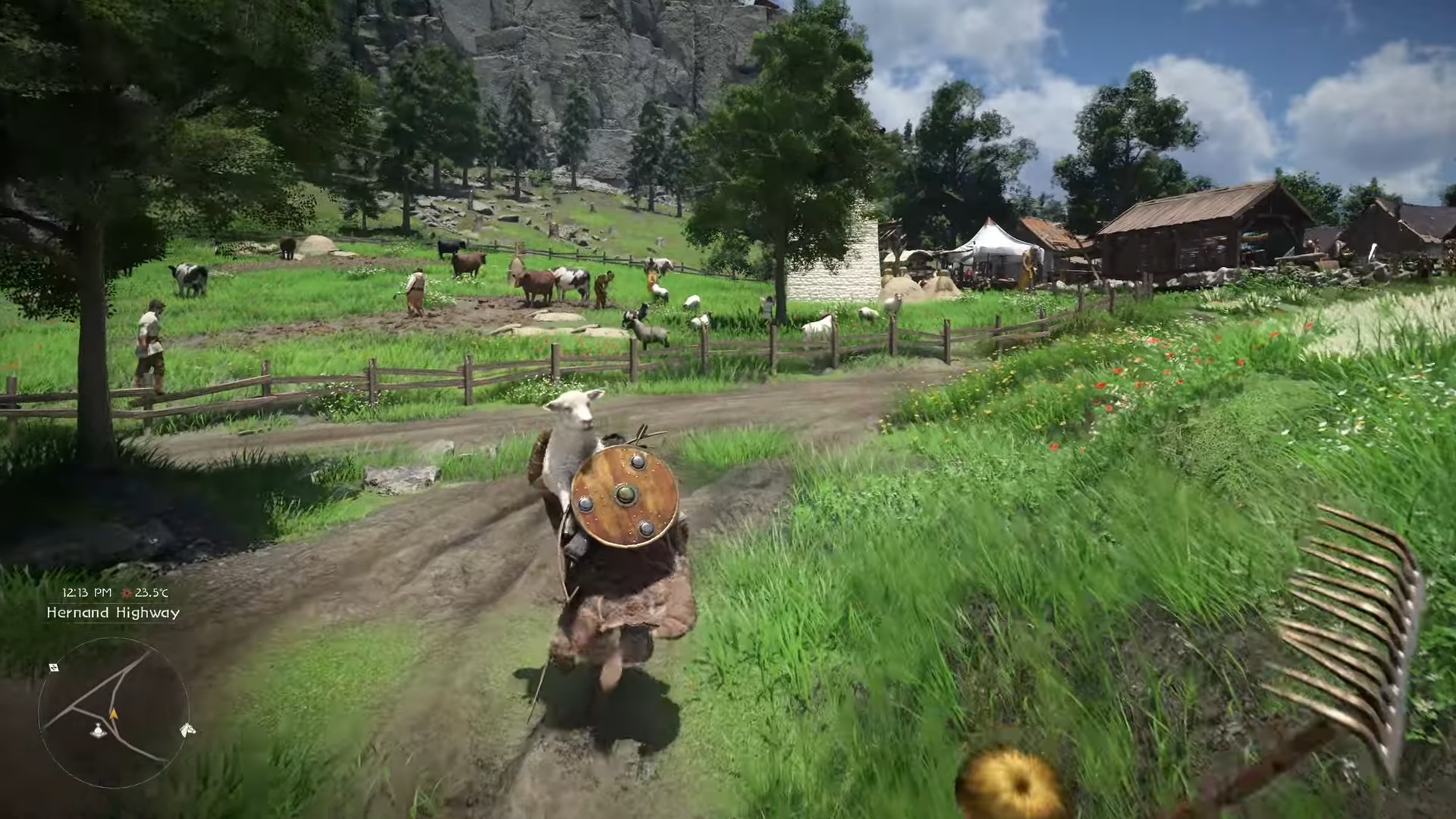 Crimson Desert - Kliff carries a sheep over his shoulder along a dirt path outside a town