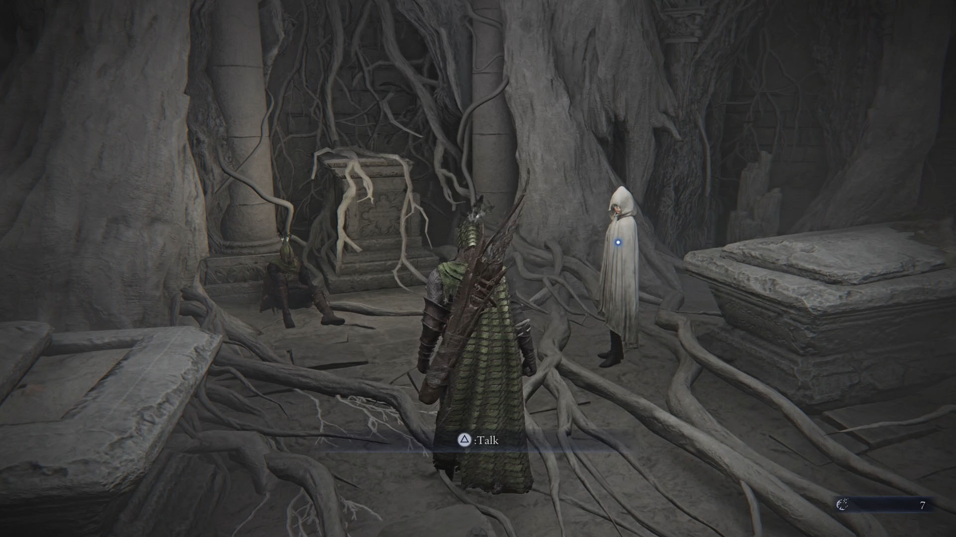 An Elden Ring Nightreign screenshot showing Ironeye beside the Priestess and the Traitor inside a white crypt. An Elden Ring Nightreign screenshot showing Ironeye beside the Priestess and the Traitor inside a white crypt.