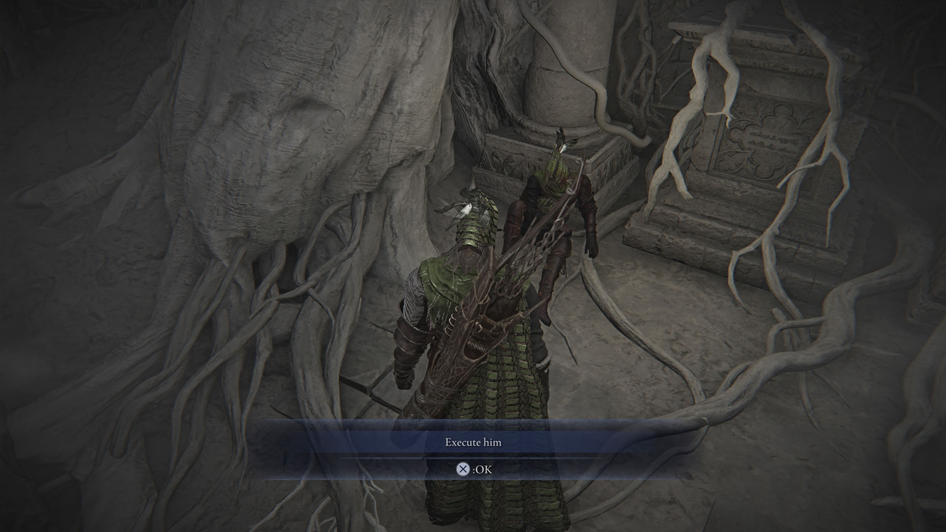 An Elden Ring Nightreign screenshot showing Ironeye looking at the Traitor with a message box on the screen giving you the chance to choose to execute the Traitor. An Elden Ring Nightreign screenshot showing Ironeye looking at the Traitor with a message box on the screen giving you the chance to choose to execute the Traitor.