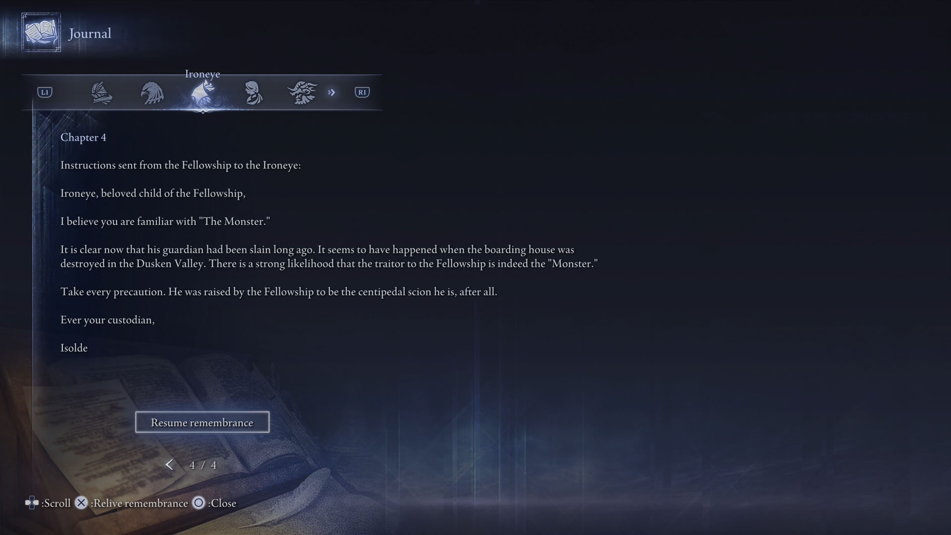 An Elden Ring Nightreign screenshot showing the chapter 4 in Ironeye’s Journal. An Elden Ring Nightreign screenshot showing the chapter 4 in Ironeye’s Journal.