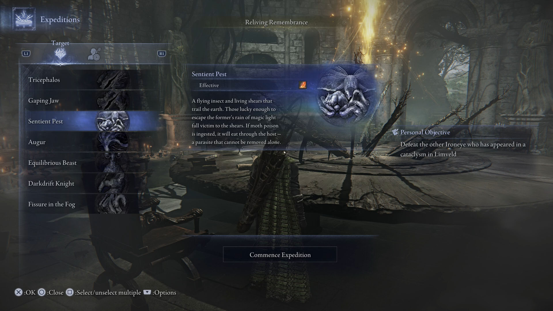 An Elden Ring Nightreign screenshot showing the Expeditions menu where you see a list of bosses and the description of Ironeye’s first Remembrance mission. An Elden Ring Nightreign screenshot showing the Expeditions menu where you see a list of bosses and the description of Ironeye’s first Remembrance mission.