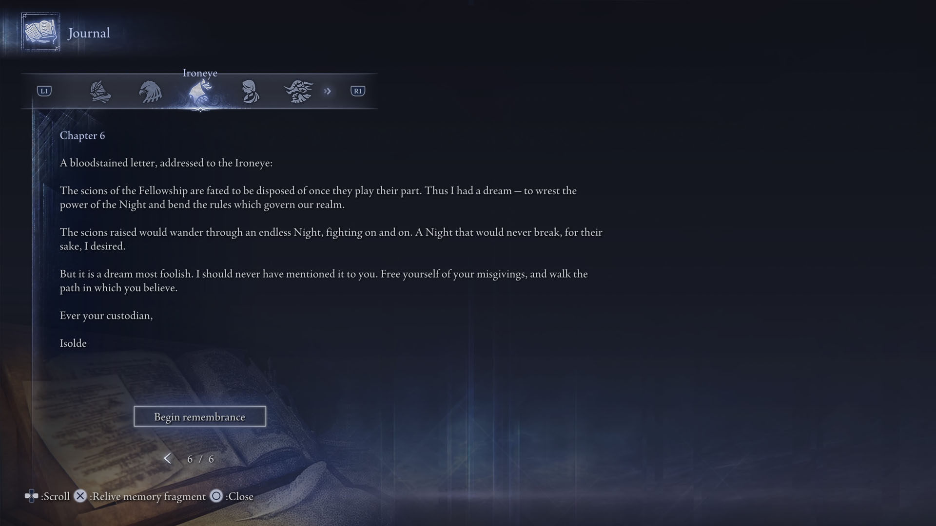 An Elden Ring Nightreign screenshot showing the chapter 6 in Ironeye’s Jounal. An Elden Ring Nightreign screenshot showing the chapter 6 in Ironeye’s Jounal.