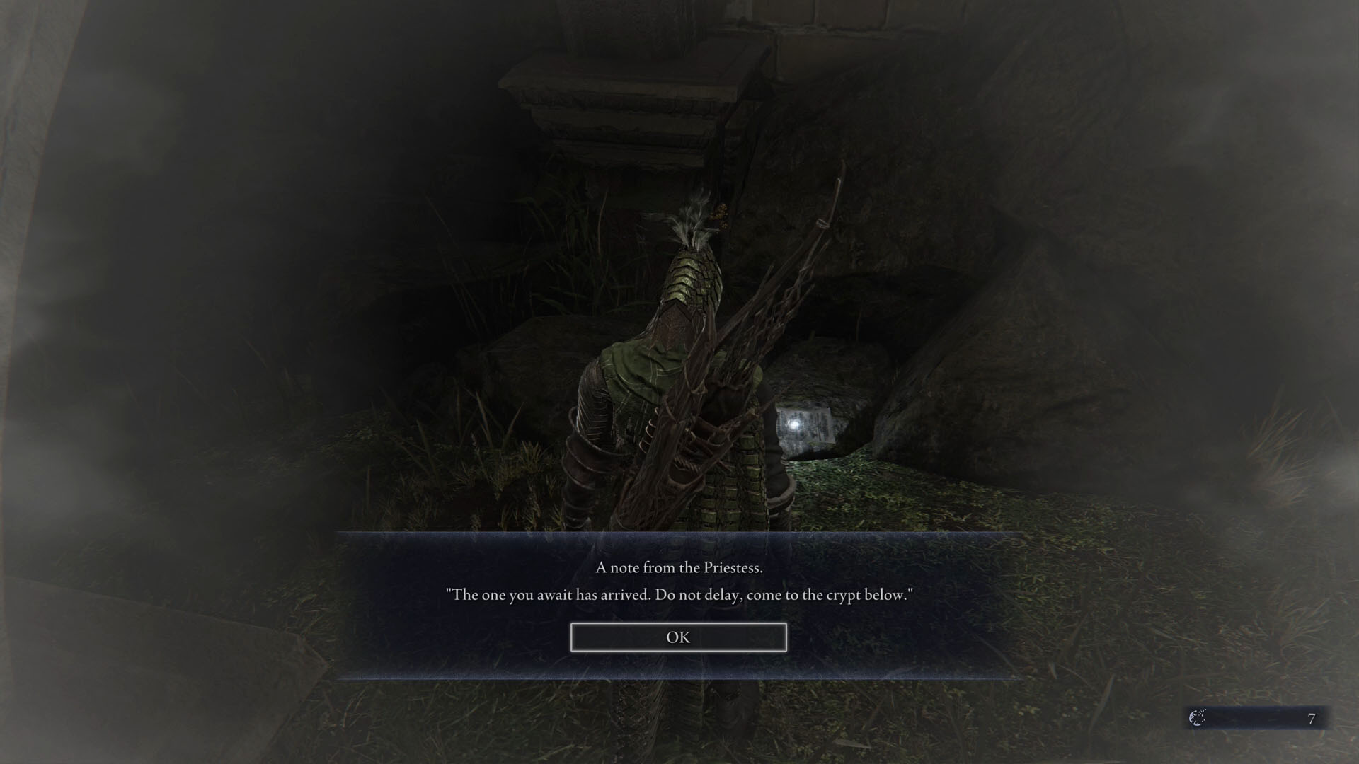 An Elden Ring Nightreign screenshot showing the Ironeye character reading a note left by the Priestess saying “The one you await has arrived. Do not delay, come to the crypt below”. An Elden Ring Nightreign screenshot showing the Ironeye character reading a note left by the Priestess saying “The one you await has arrived. Do not delay, come to the crypt below”.