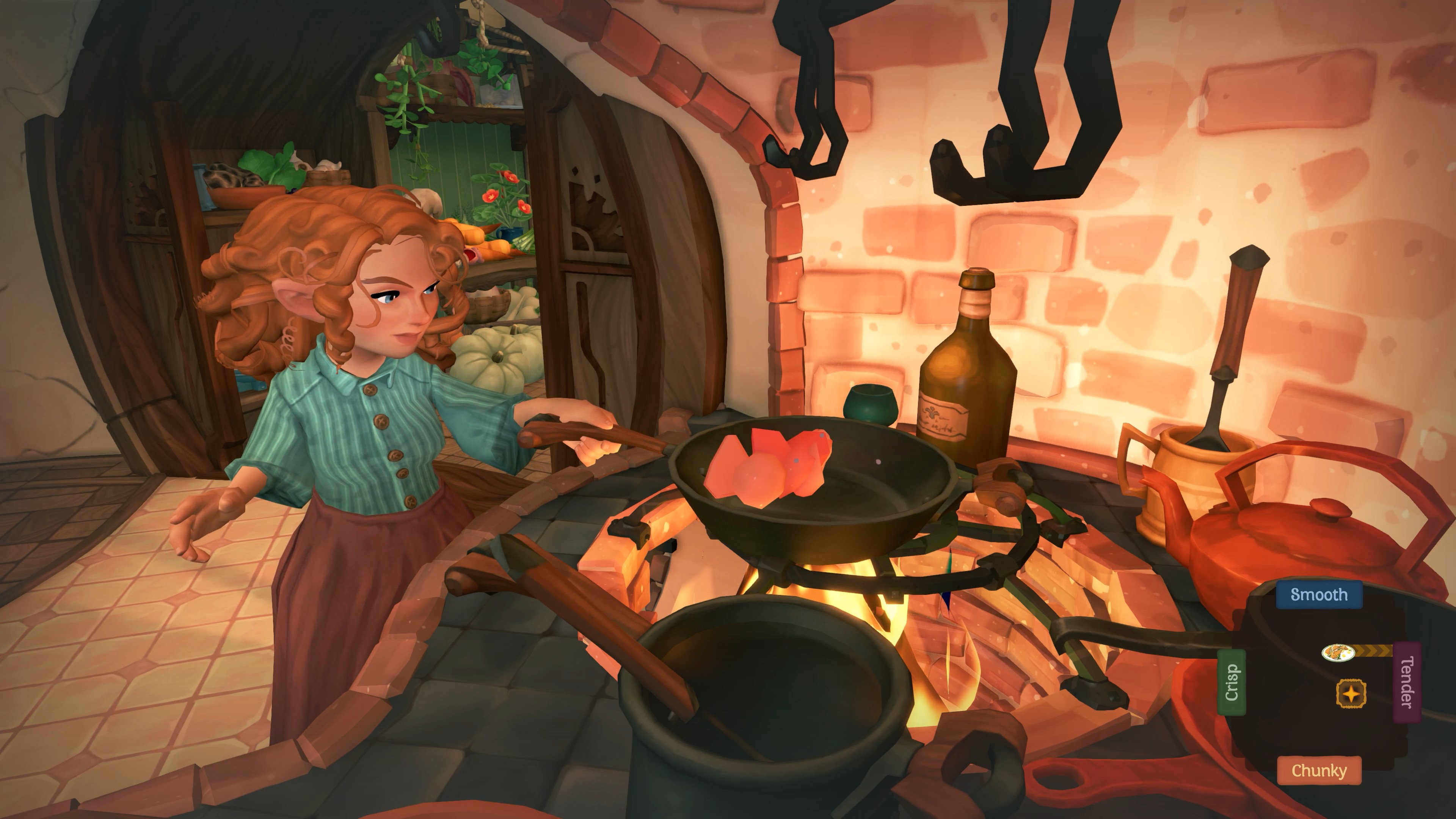 A hobbit cooking in Tales of the Shire, with the UI visible in the bottom right. It has options for making the food more tender, crisp, chunky, or smooth.