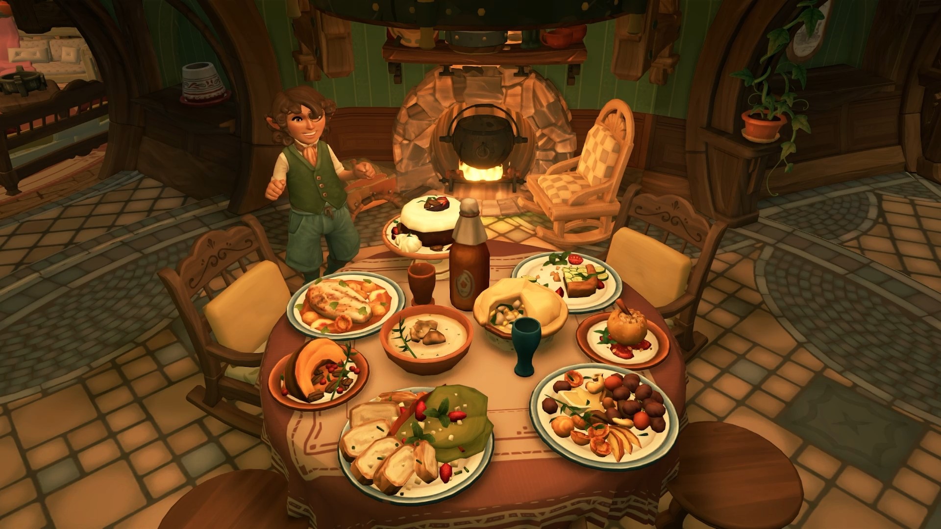 A table filled with food in Tales of the Shire, there's a hobbit standing beside the table looking ready to dig in.