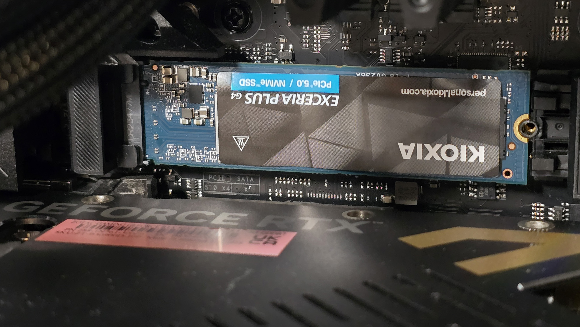 The Kioxia Exceria Plus G4 on a desk, ready to be installed inside a gaming PC.