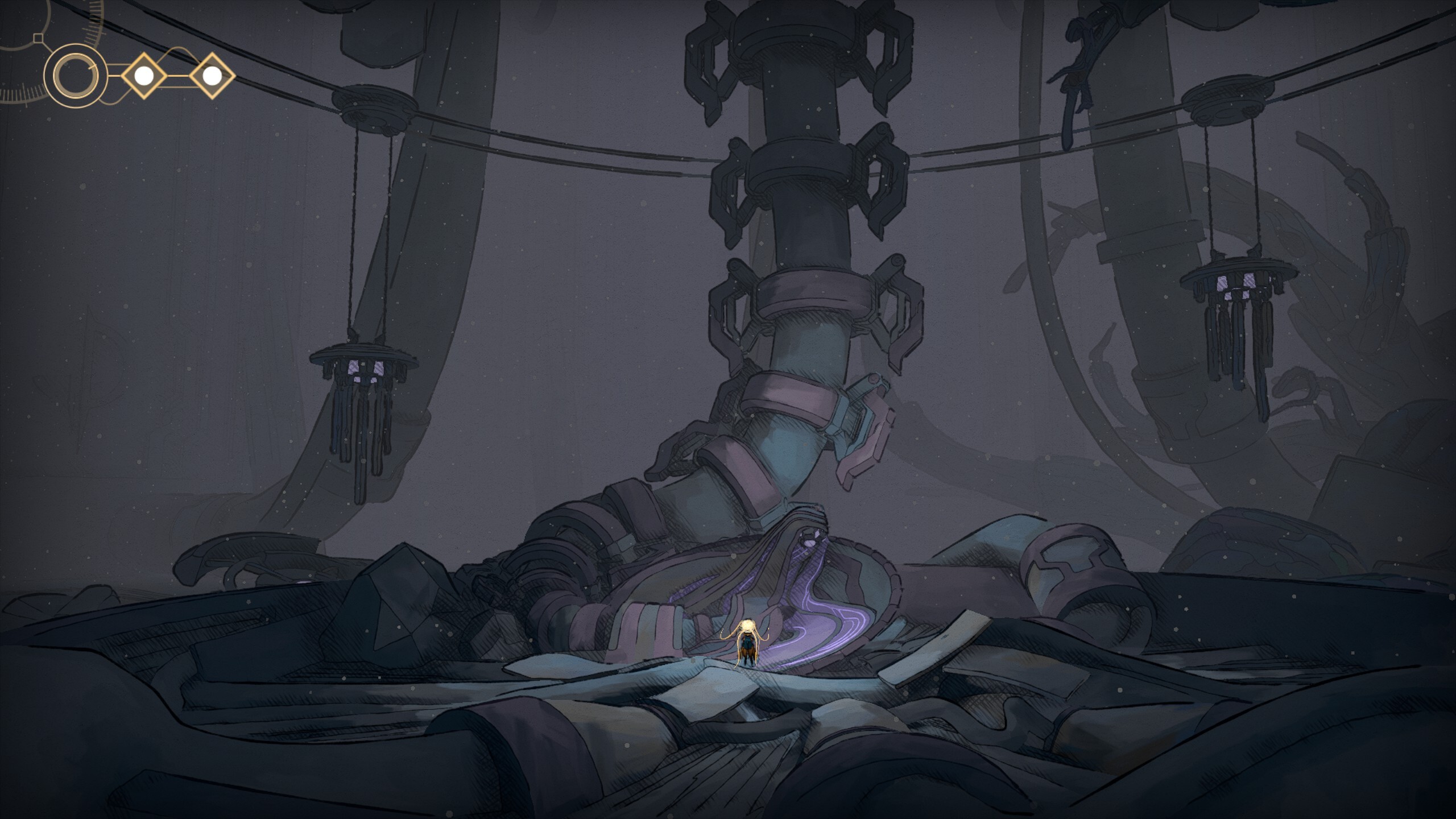 Mio stood in front of broken machinery