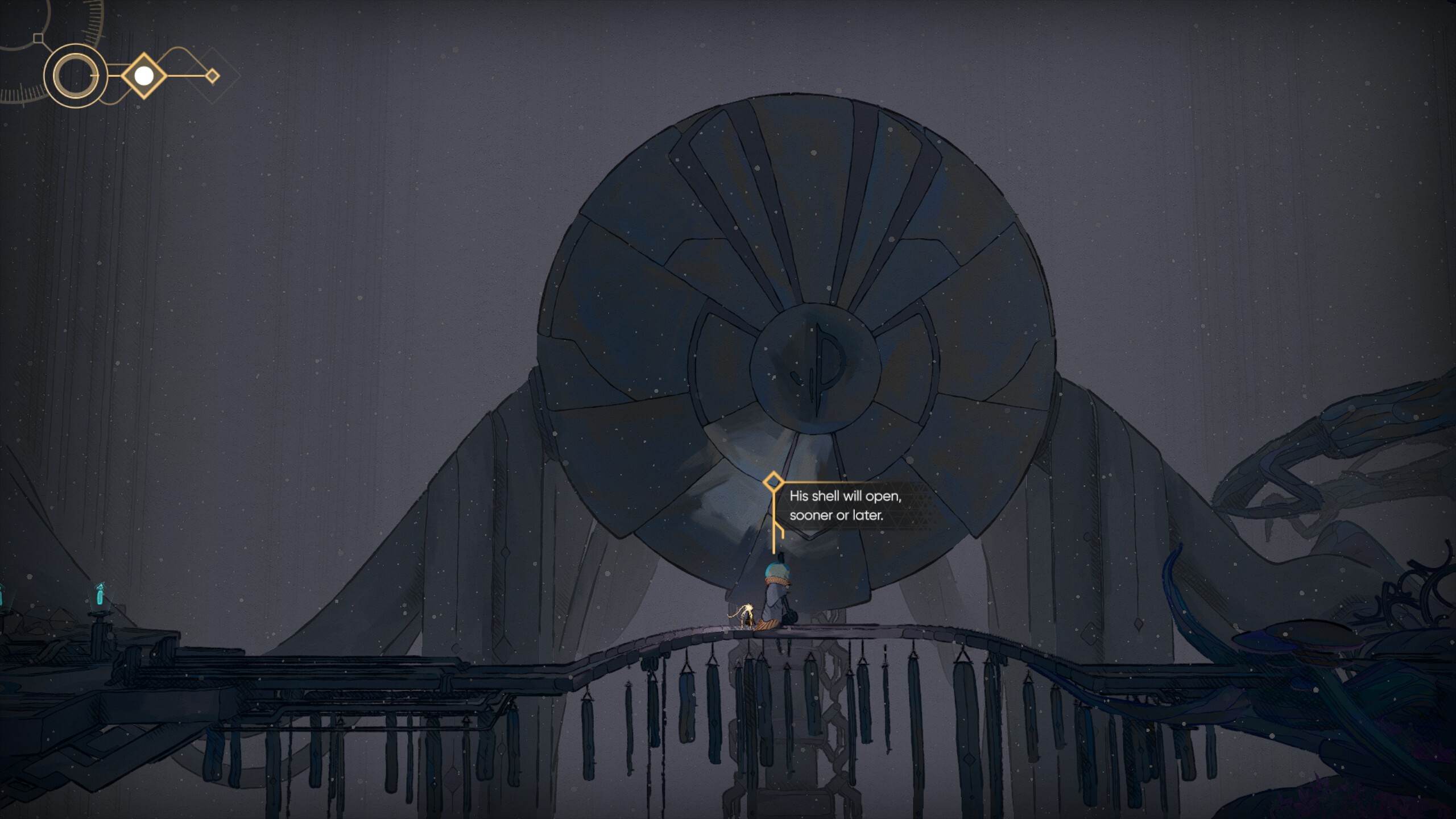 Mio stood on a bridge next to a giant robot