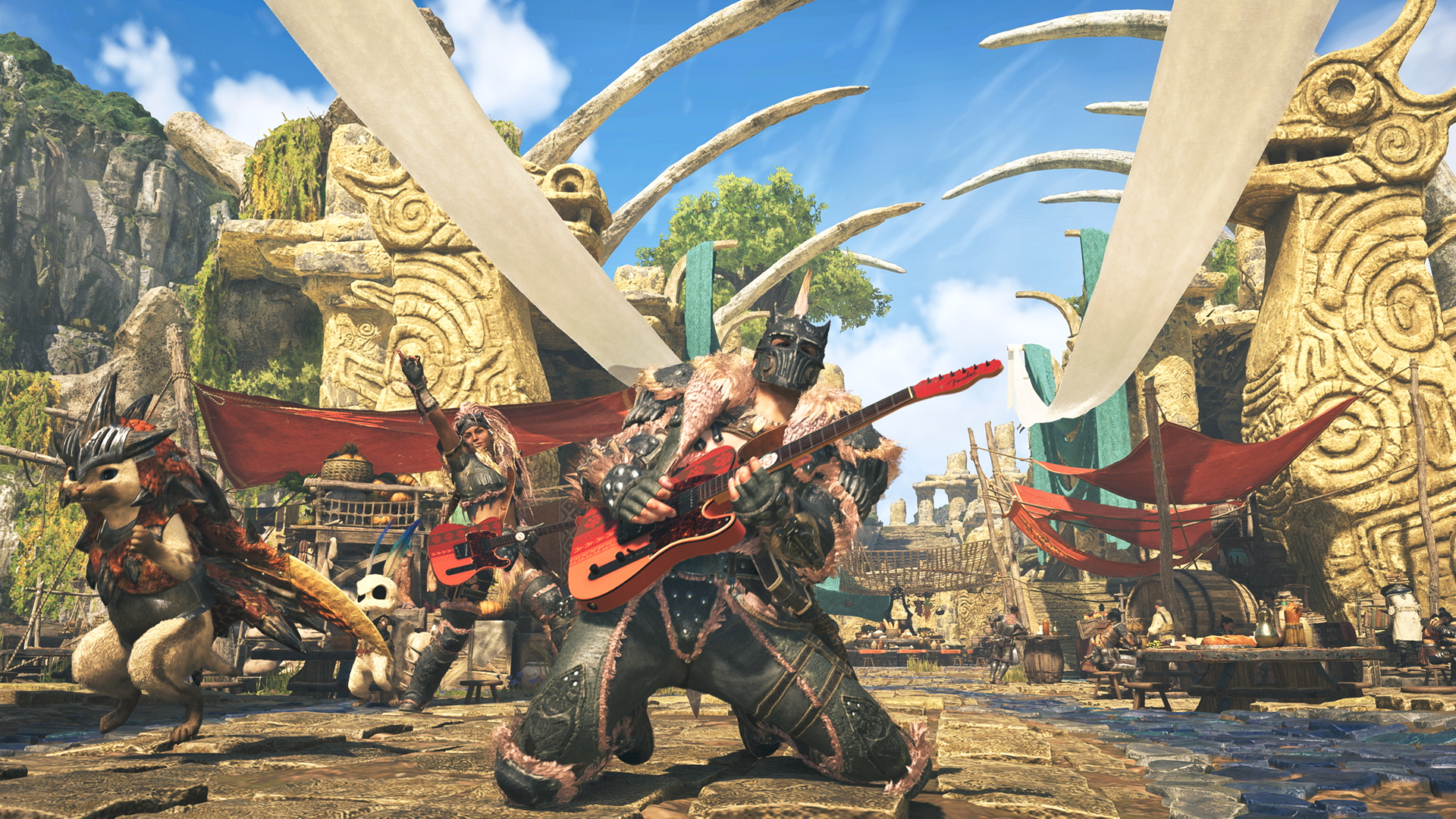 A pair of hunters using Fender guitar emotes as part of an upcoming Monster Hunter Wilds collab quest.