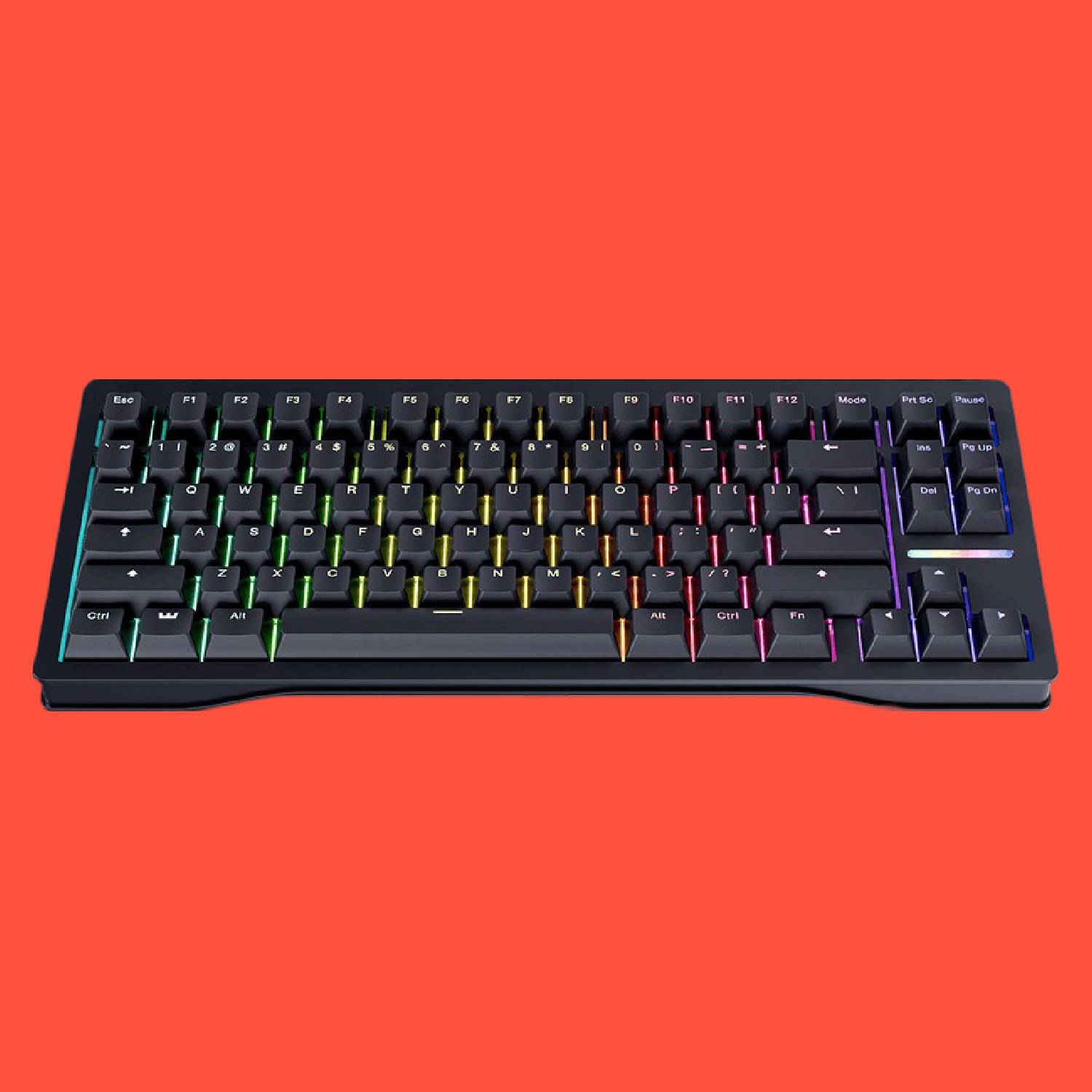 Wooting 80HE gaming keyboard on a red background