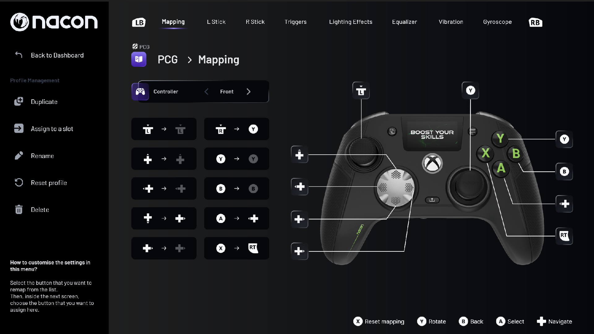 Screenshots of the Revolution X configuration software for the Nacon Revolution X Unlimited