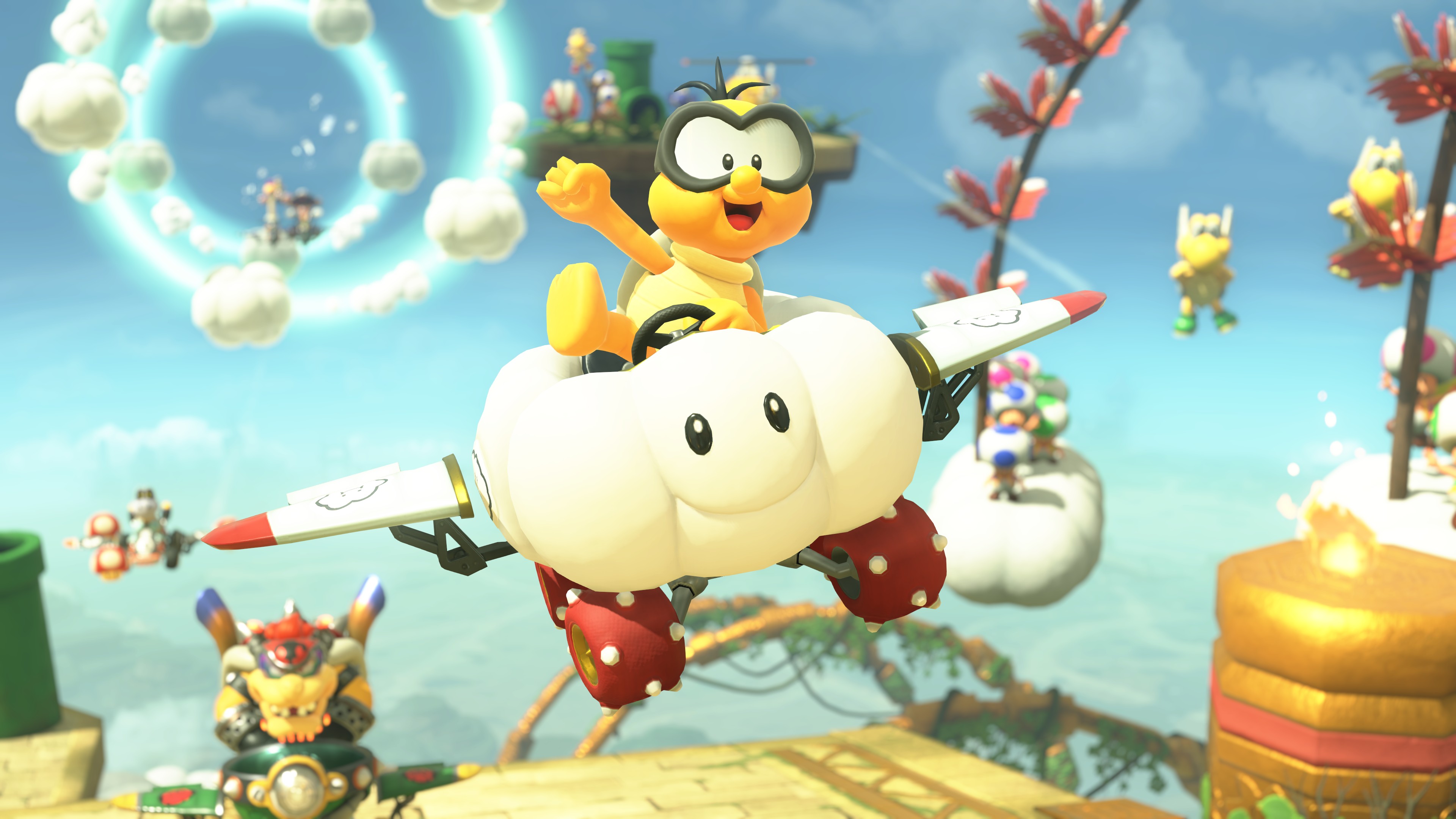 Lakitu flying his cloud shaped, winged kart in Mario Kart World Lakitu flying his cloud shaped, winged kart in Mario Kart World