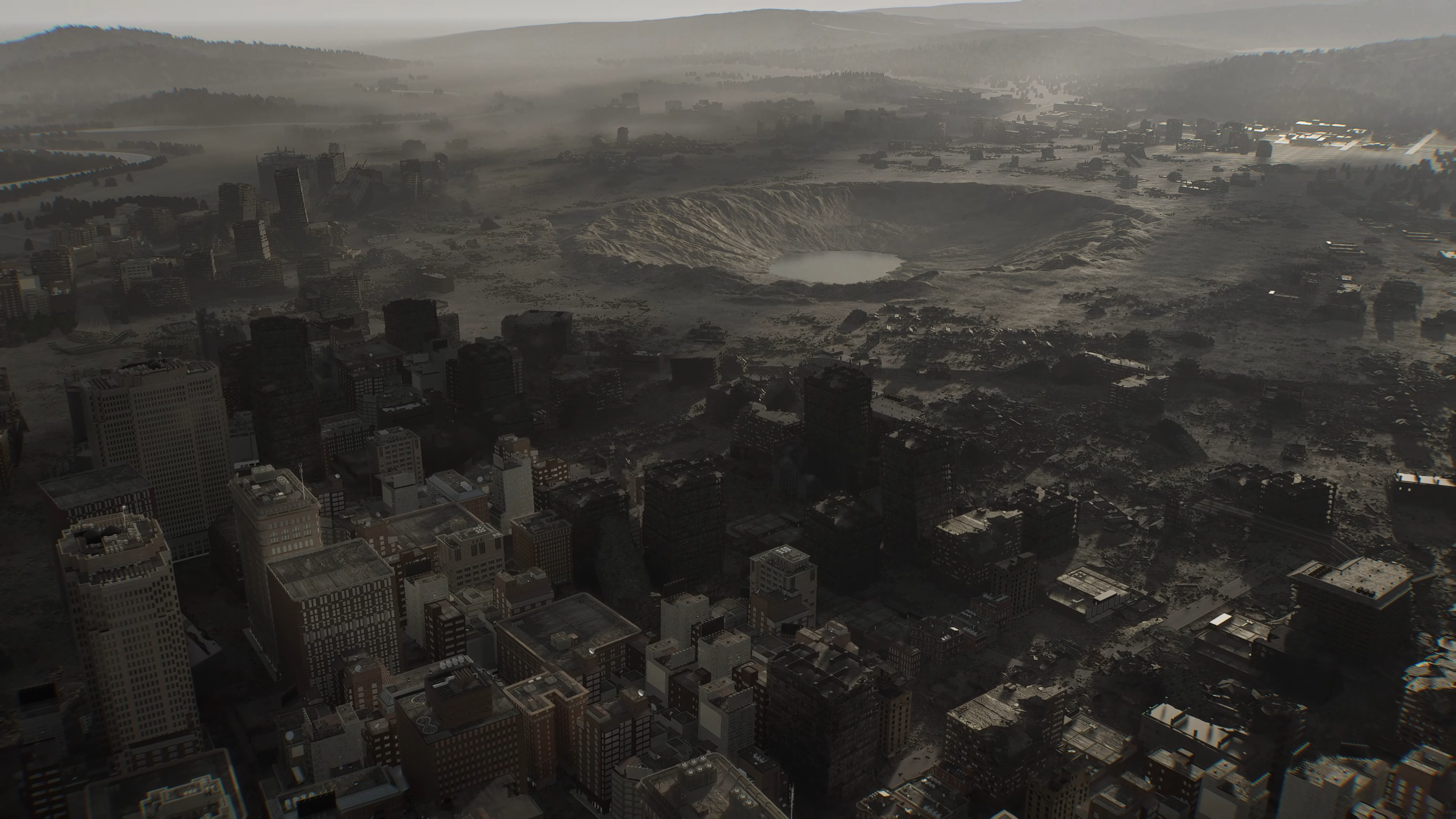 An aerial shot of a post-nuke Raccoon City in Resident Evil Requiem.