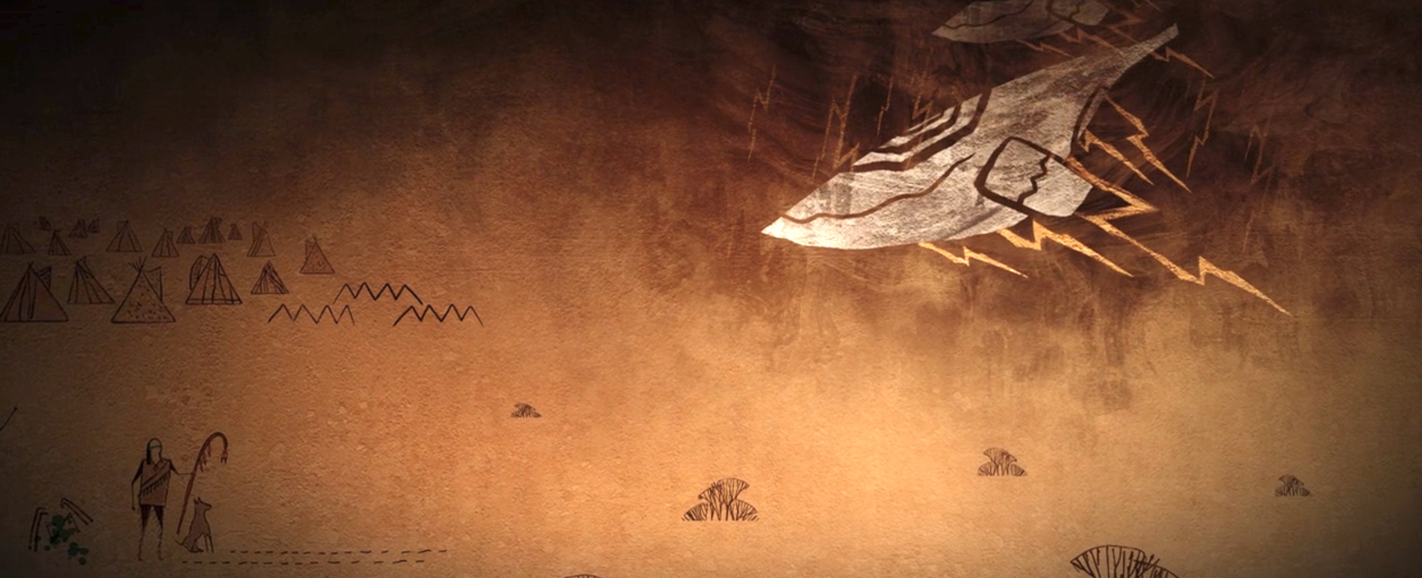 An animated shot from the closing credits of Prey, with a stylized Native woman and her dog looking up at the clouds as a spaceship emerges An animated shot from the closing credits of Prey, with a stylized Native woman and her dog looking up at the clouds as a spaceship emerges