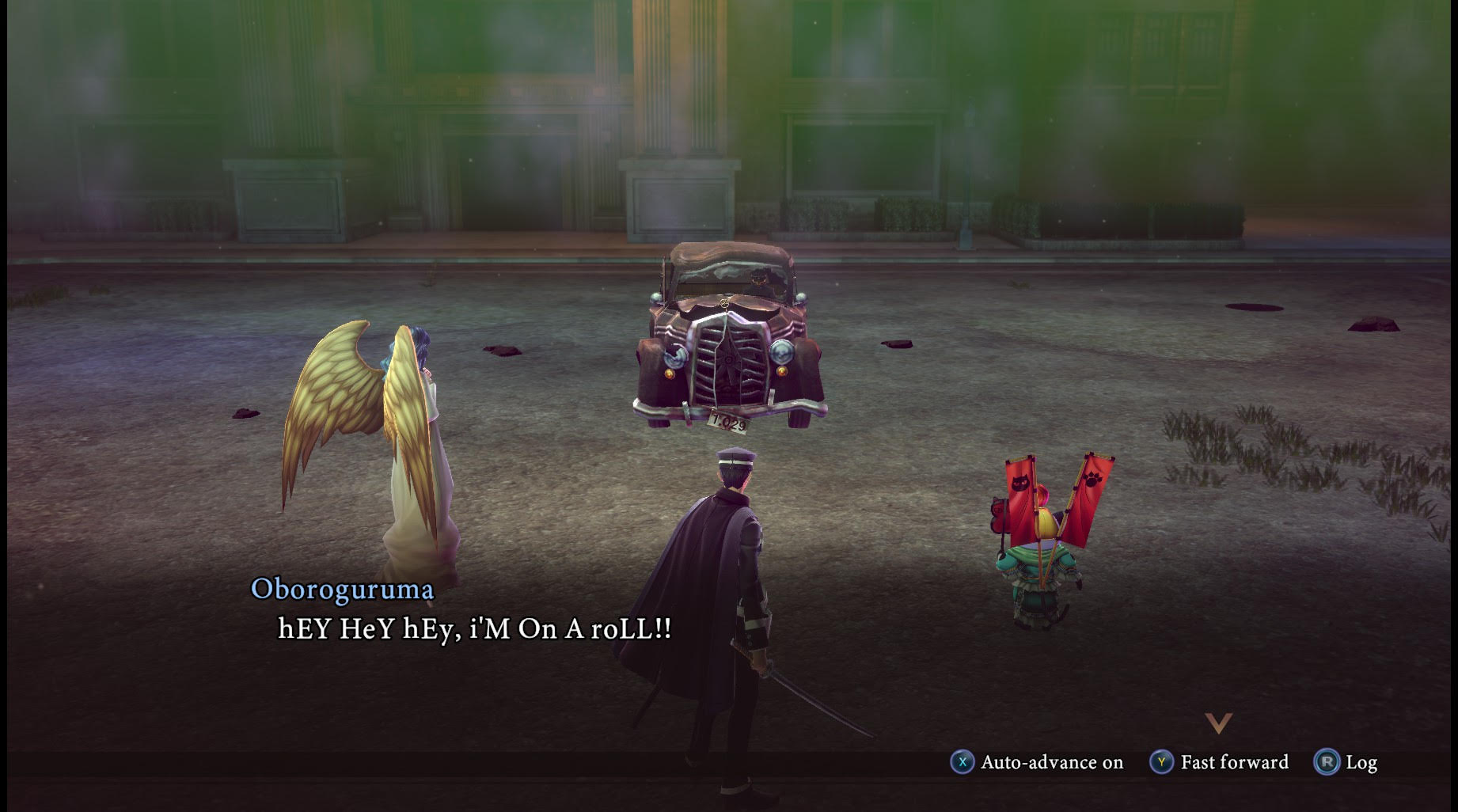 Raidou Remastered screenshot showing the protagonist in discussion with Oboroguruma, who is a broken down car