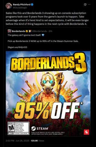 Randy Pitchford makes people mad again by warning that Borderlands 4 will take even longer to get deep discounts than Borderland 3 did