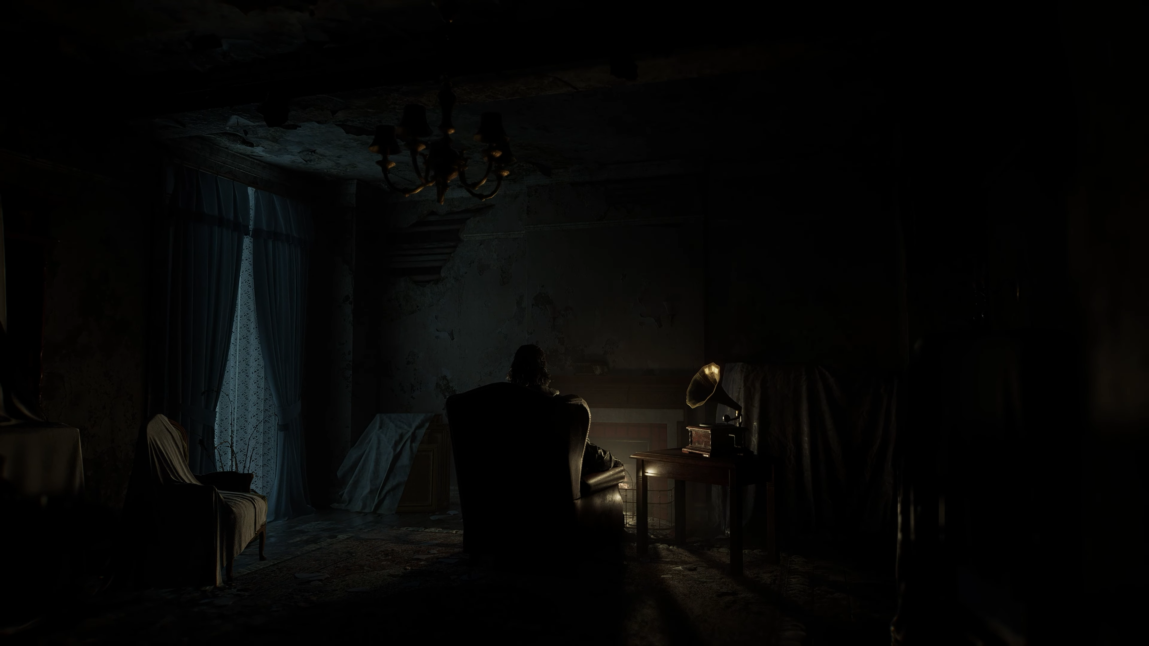 A man sitting in a ruined room, facing away from the camera, in Resident Evil Requiem.