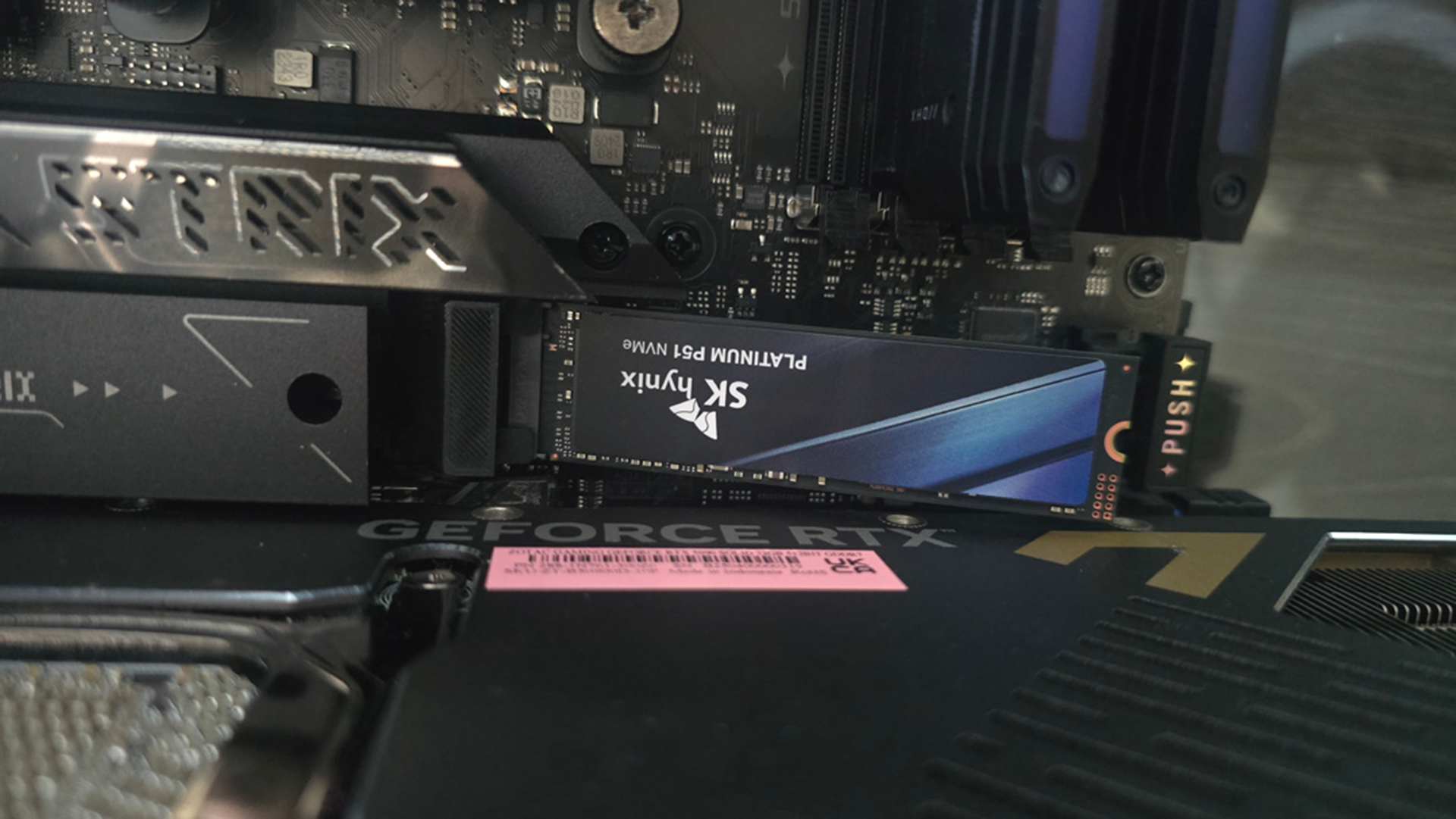 An SK Hynix Platinum P51 drive installed inside a gaming PC.