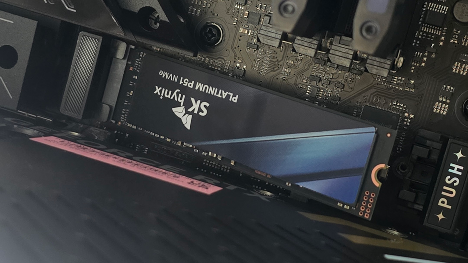 An SK Hynix Platinum P51 drive installed inside a gaming PC.