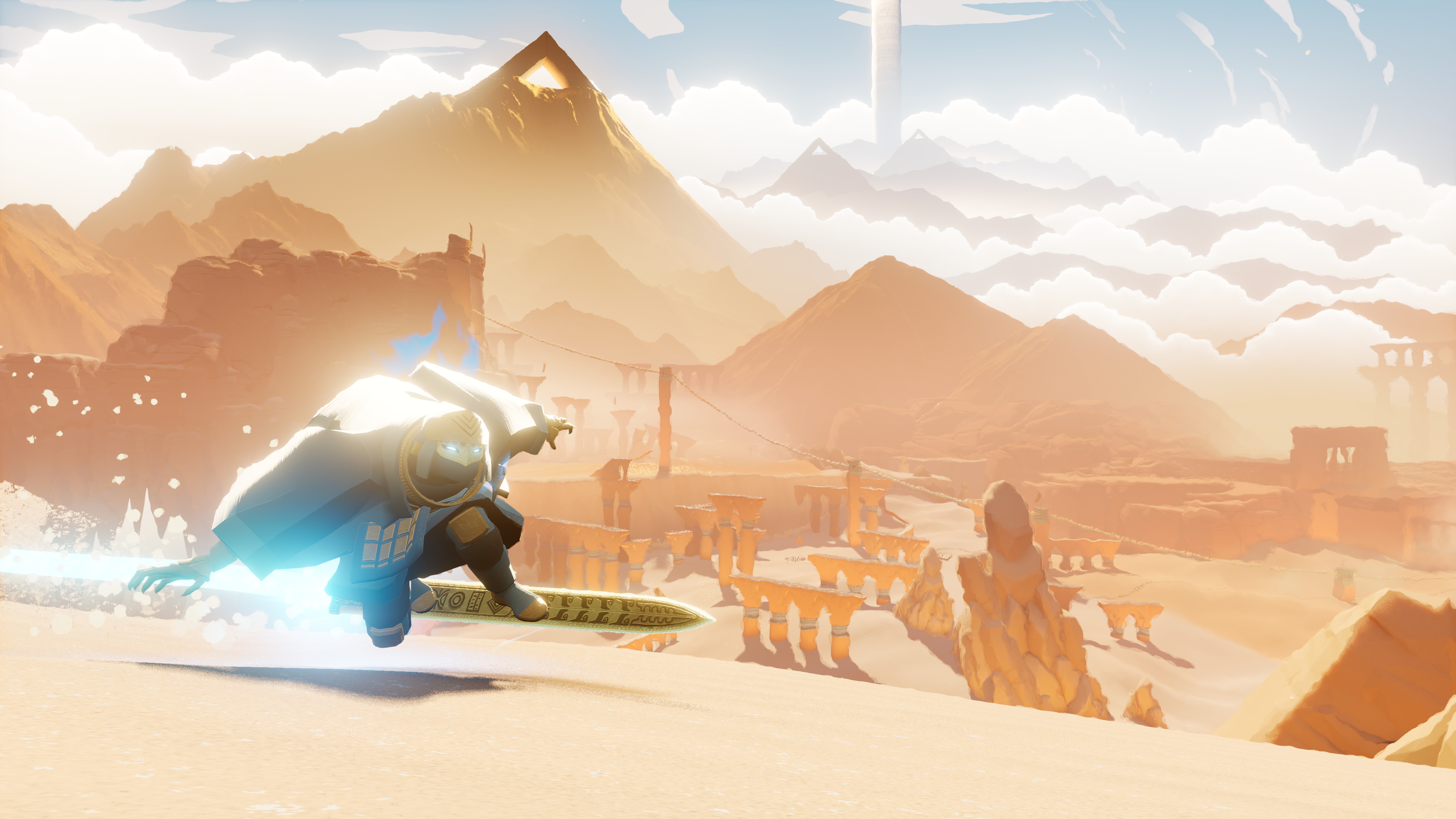 Hills of orange and beige sand in Sword of the Sea, with the Wraith surfing along the dunes