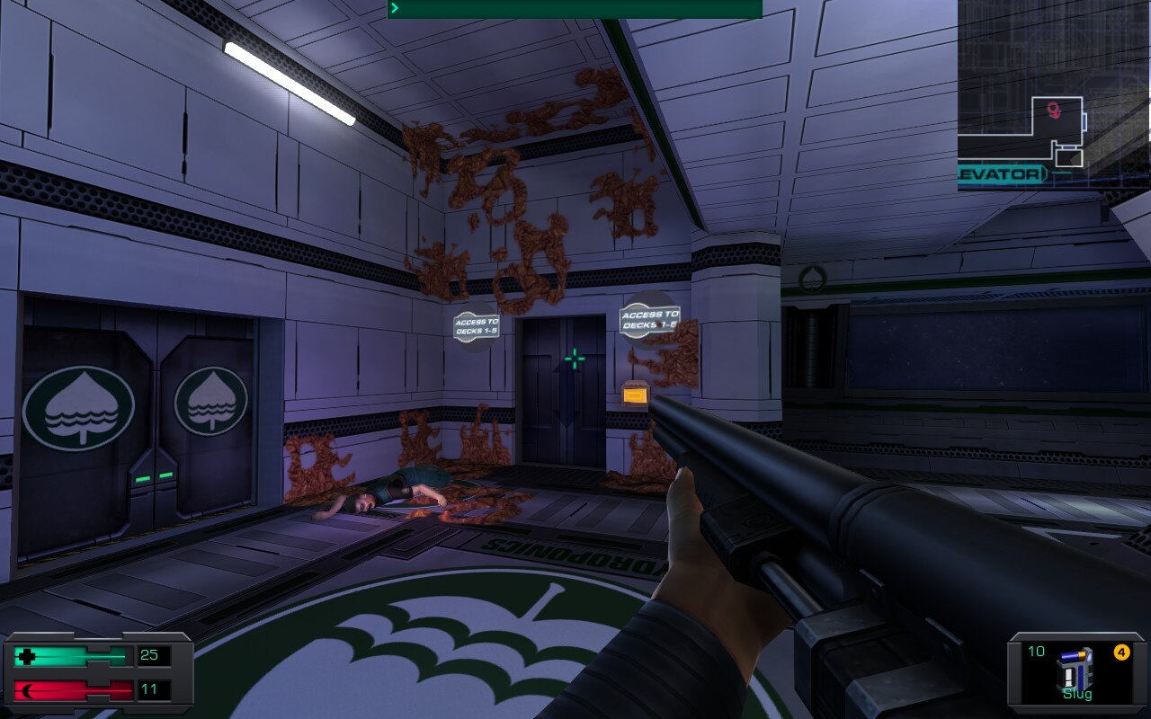 Elevator in sterile hallway covered in orange goop in System Shock 2