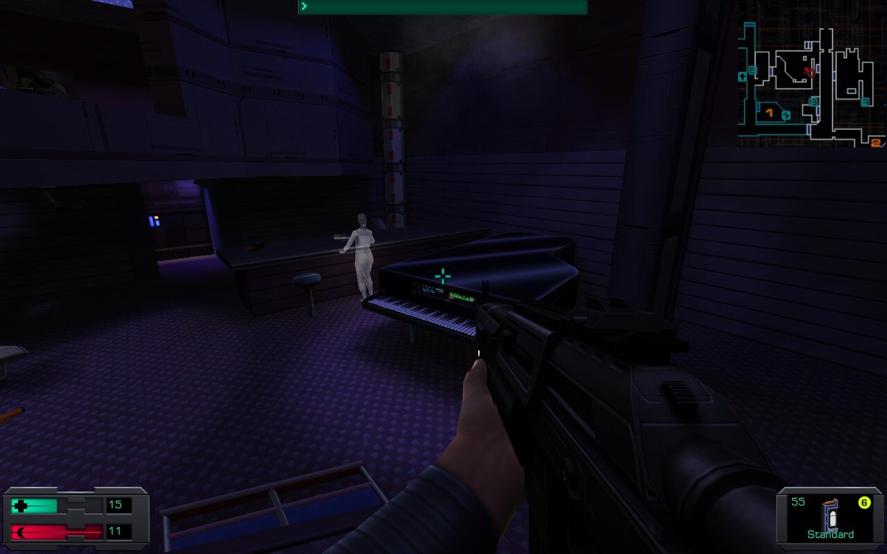 Darkened Piano bar with ghost visible in System Shock 2