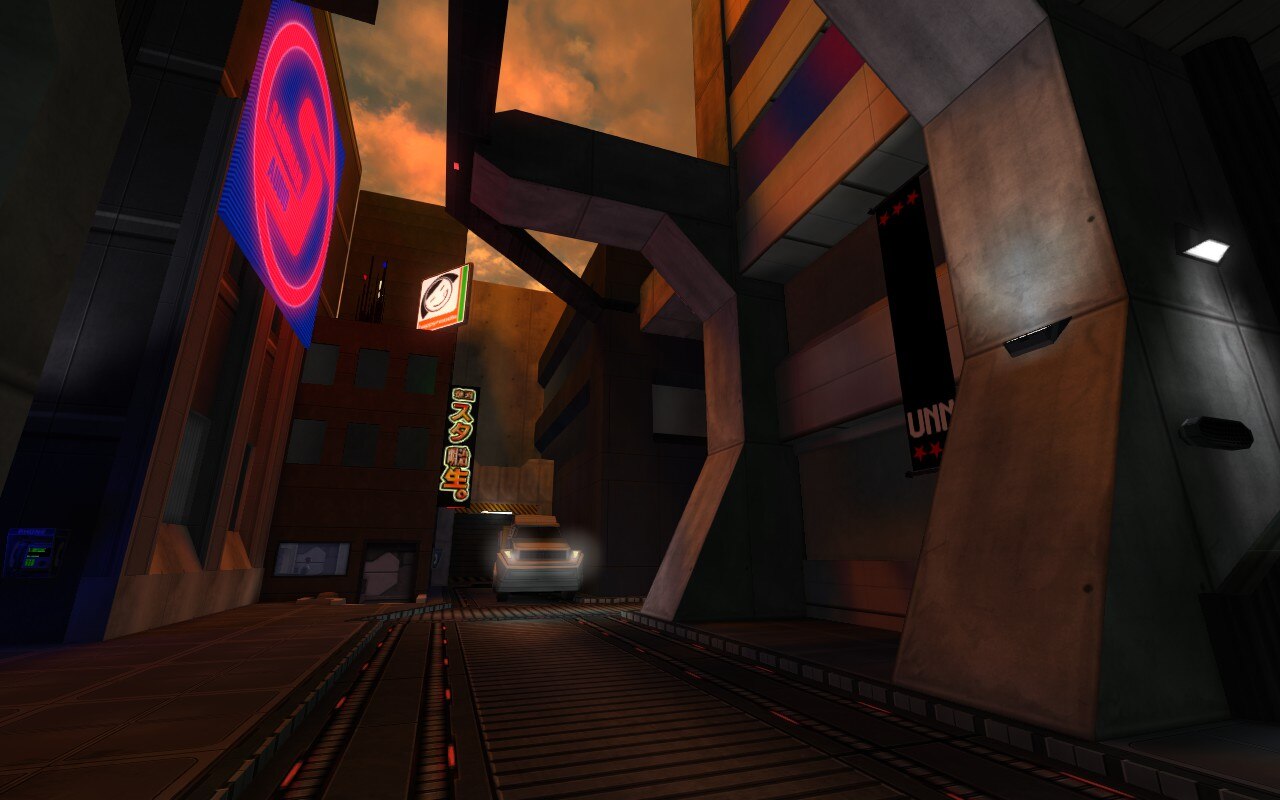 Cyberpunk street with neon signs from beginning of System Shock 2