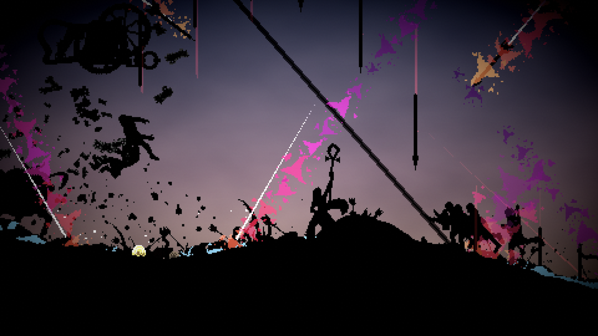 The player calls for an aerial attack - the battlefield is outlined in shadow with flashes of pink, purple and gold around them
